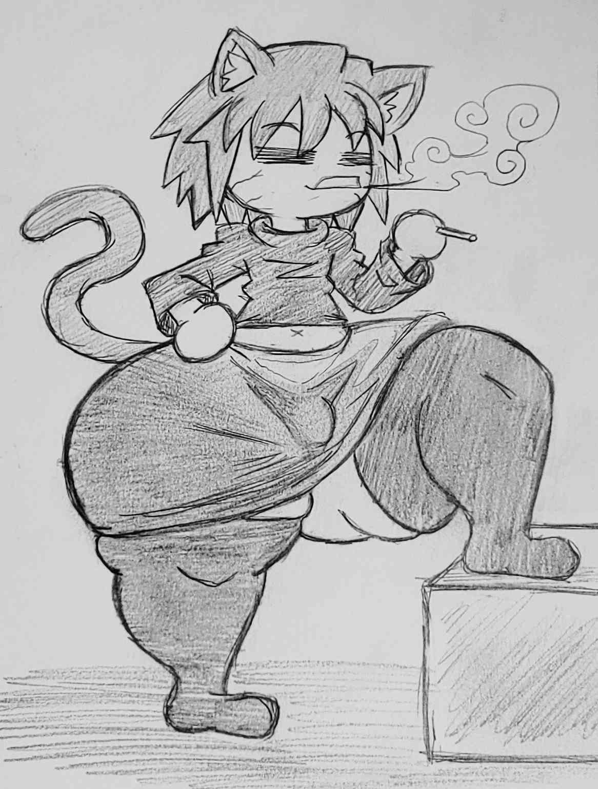 bulge cat_ears cat_tail catboy cigarette commissioner_upload fauxtellno1_(artist) femboy front_view huge_ass hyper_ass hyper_thighs male male_focus male_only melty_blood neco-arc_chaos one_leg_up sketch small_penis small_torso smoke smoking tagme thick_thighs thighs_bigger_than_head thighs_bigger_than_torso tsukihime twink type-moon