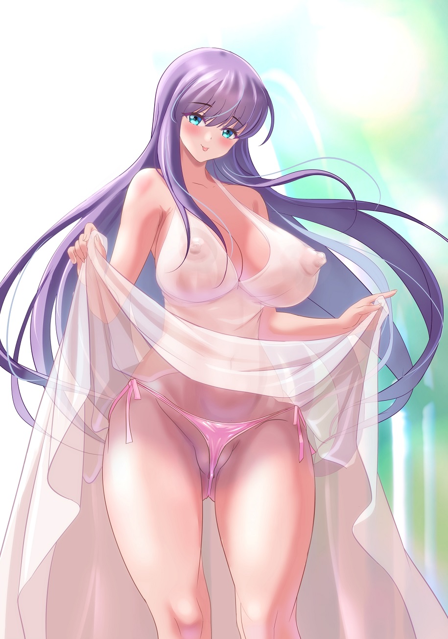 1girls artist_request athena_(saint_seiya) blue_eyes blush clothing erect_nipples female goddess huge_breasts long_hair no_bra pink_thong purple_hair saint_seiya saori_kido shonen_jump solo teenager thong transparent_clothing underwear visible_nipples