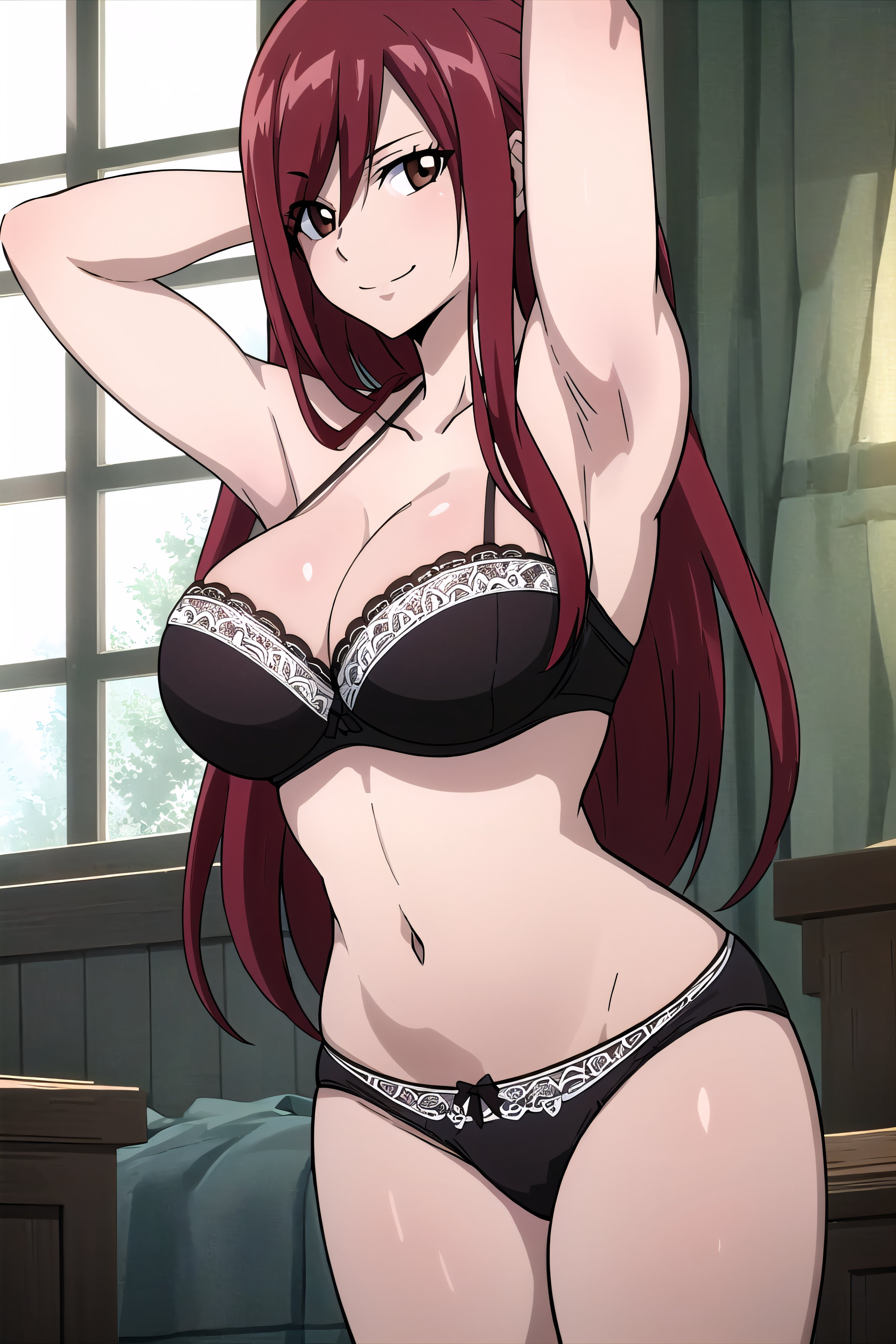 1girls, ai generated, arisato yu, big breasts, black lingerie, black underwear, breasts, erza scarlet, fairy tail, female, female only, lingerie, red hair, underwear