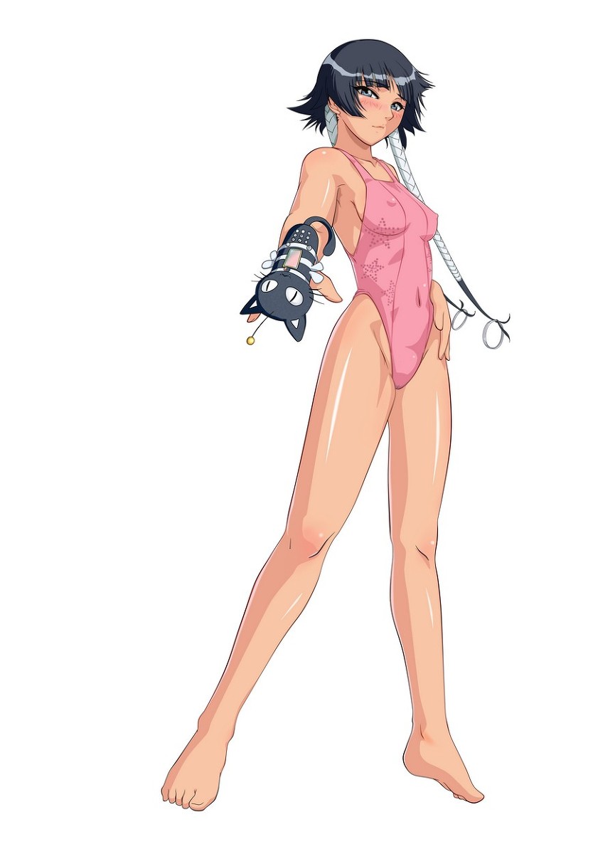 barefoot, black hair, bleach, blush, cameltoe, erect nipples, feet, female, highres, kagami, nipples, pussy, smile, soifon, solo, sui-feng, swimsuit, tied hair, twintails