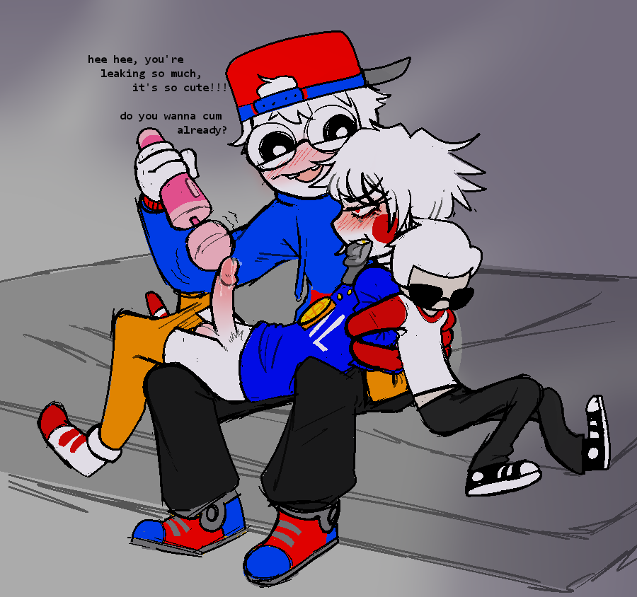 2boys bed biting_hat blush bodily_fluids dave_strider drooling glasses gold_tooth guidestuck homestuck leaking_cum lil_cal_(homestuck) makeup makeup_running mspfa precum puppet sitting_on_lap squarewave_(guidestuck) strilalonder tied_up vibrator vibrator_on_penis white_hair