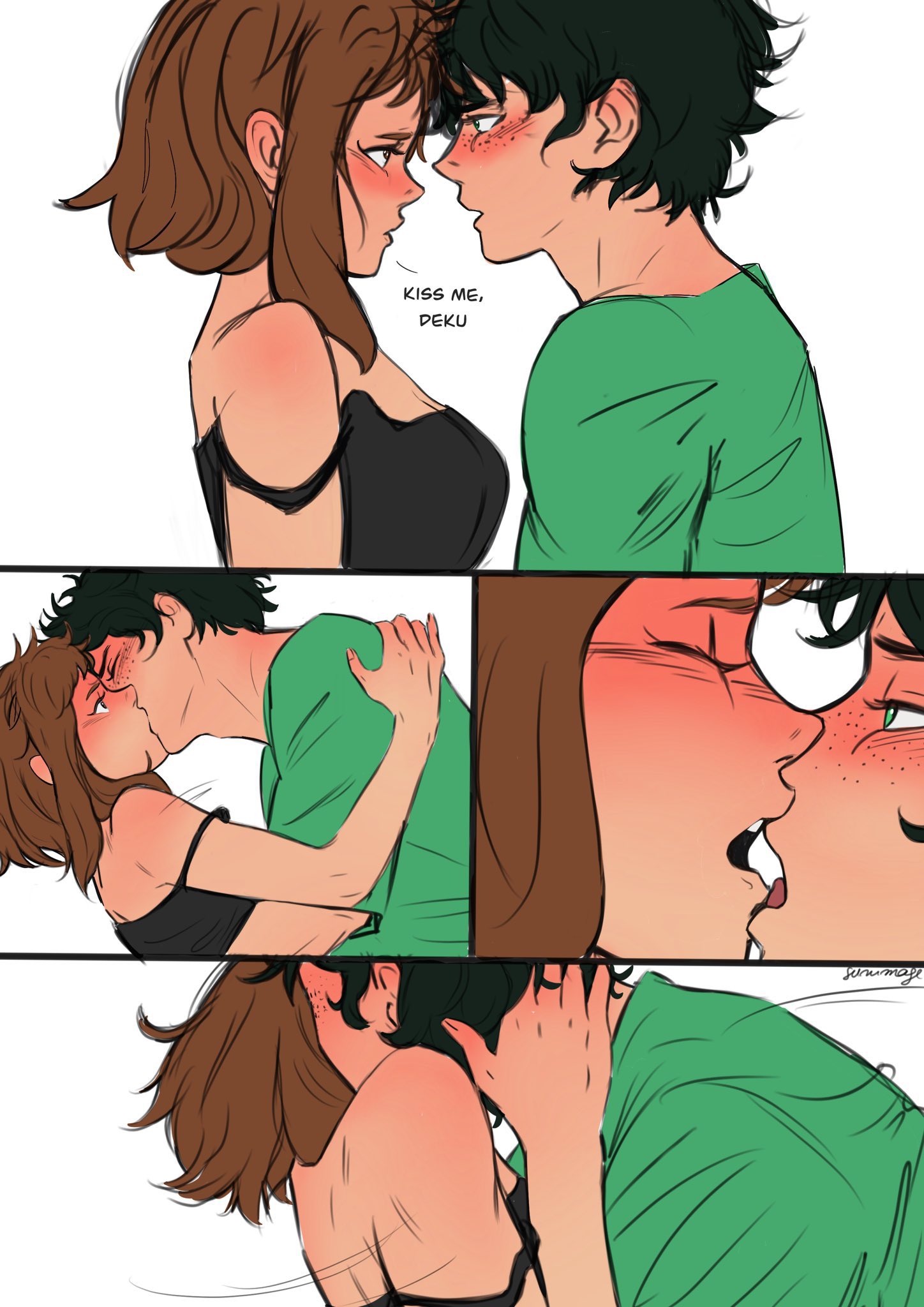 1boy, 1boy1girl, 1girls, black clothing, black dress, black hair, boku no hero academia, brown eyes, brown hair, brown-haired female, canon couple, clothed, dress, duo, duo focus, female, flustered, freckles, freckles on face, green clothing, green eyes, green hair, green shirt, green-haired male, izuku midoriya, kiss, kissing, loose clothes, making out, male, midoriya izuku, my hero academia, ochako uraraka, sunimage, uraraka ochako, wholesome