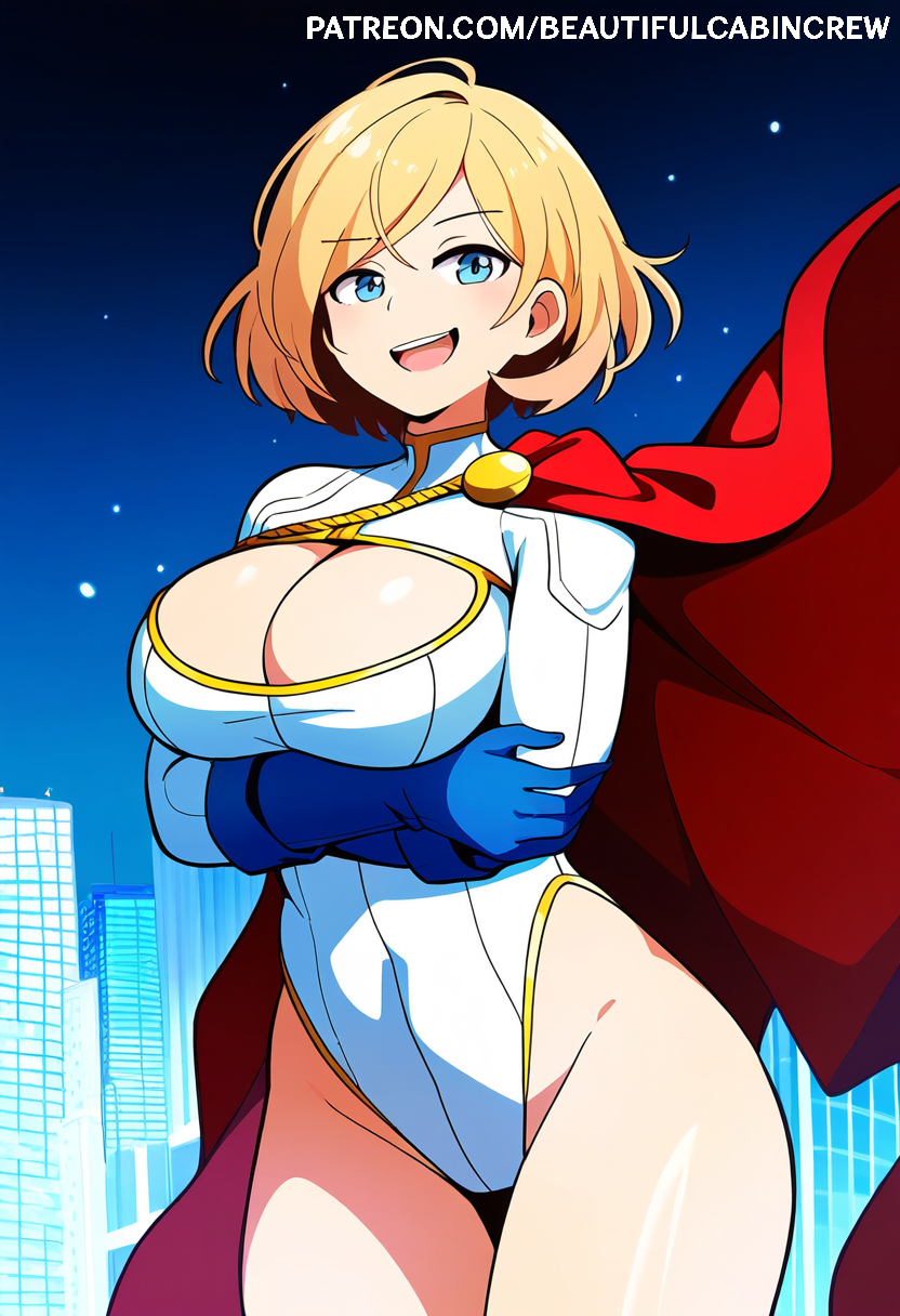 2024 ai_generated beautifulcabincrew blonde_hair blue_eyes blue_gloves city cleavage cleavage_cutout dc dc_comics gloves kryptonian large_breasts leotard power_girl red_cape superman_(series) white_leotard