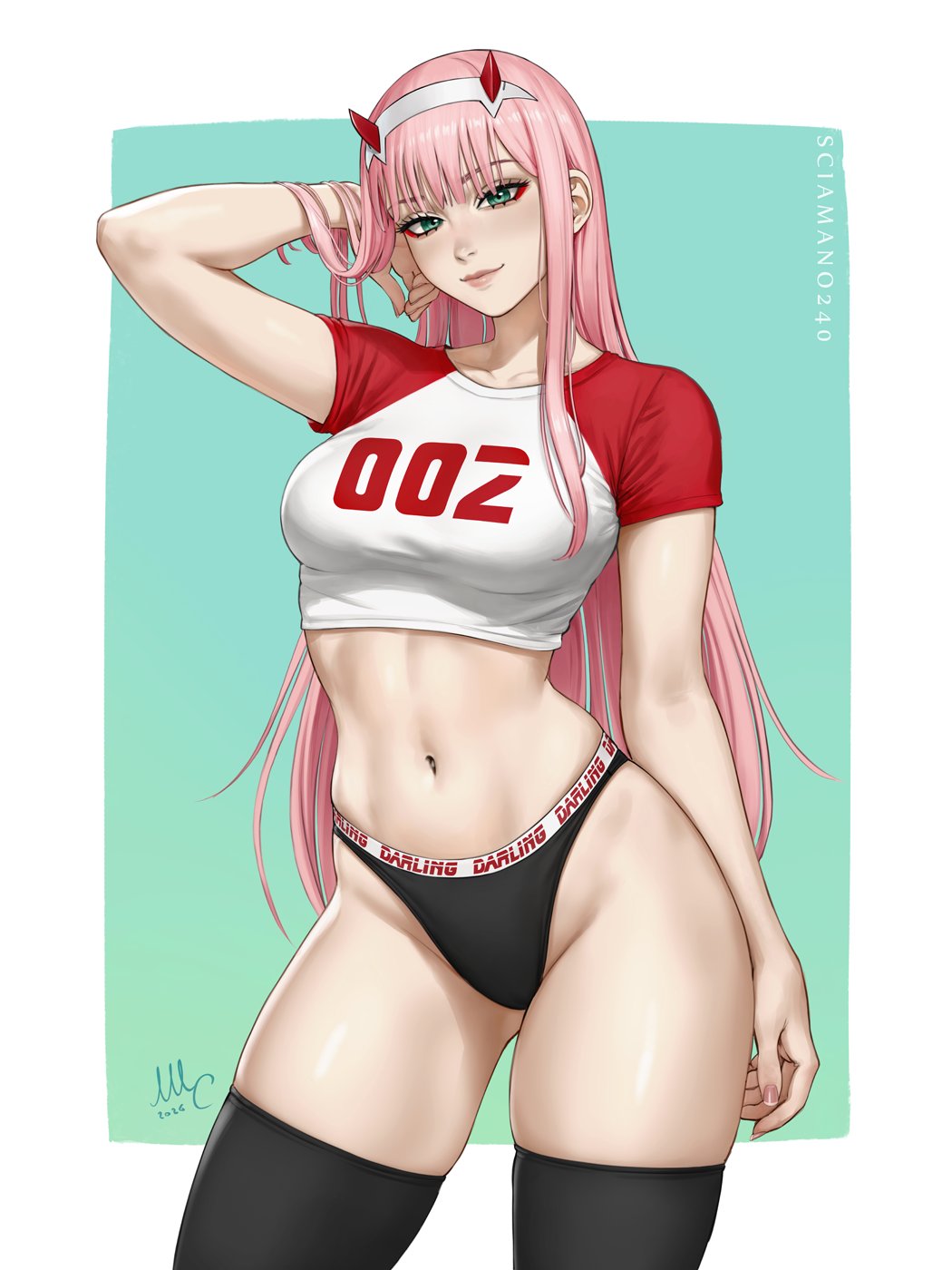 1girls, arms behind head, belly button, big breasts, blush, breasts, darling in the franxx, female, green eyes, horns, long hair, looking at viewer, panties, pink hair, sciamano240, slim waist, solo, teenager, thick thighs, thighhighs, thighs, topwear, wide hips, zero two (darling in the franxx)