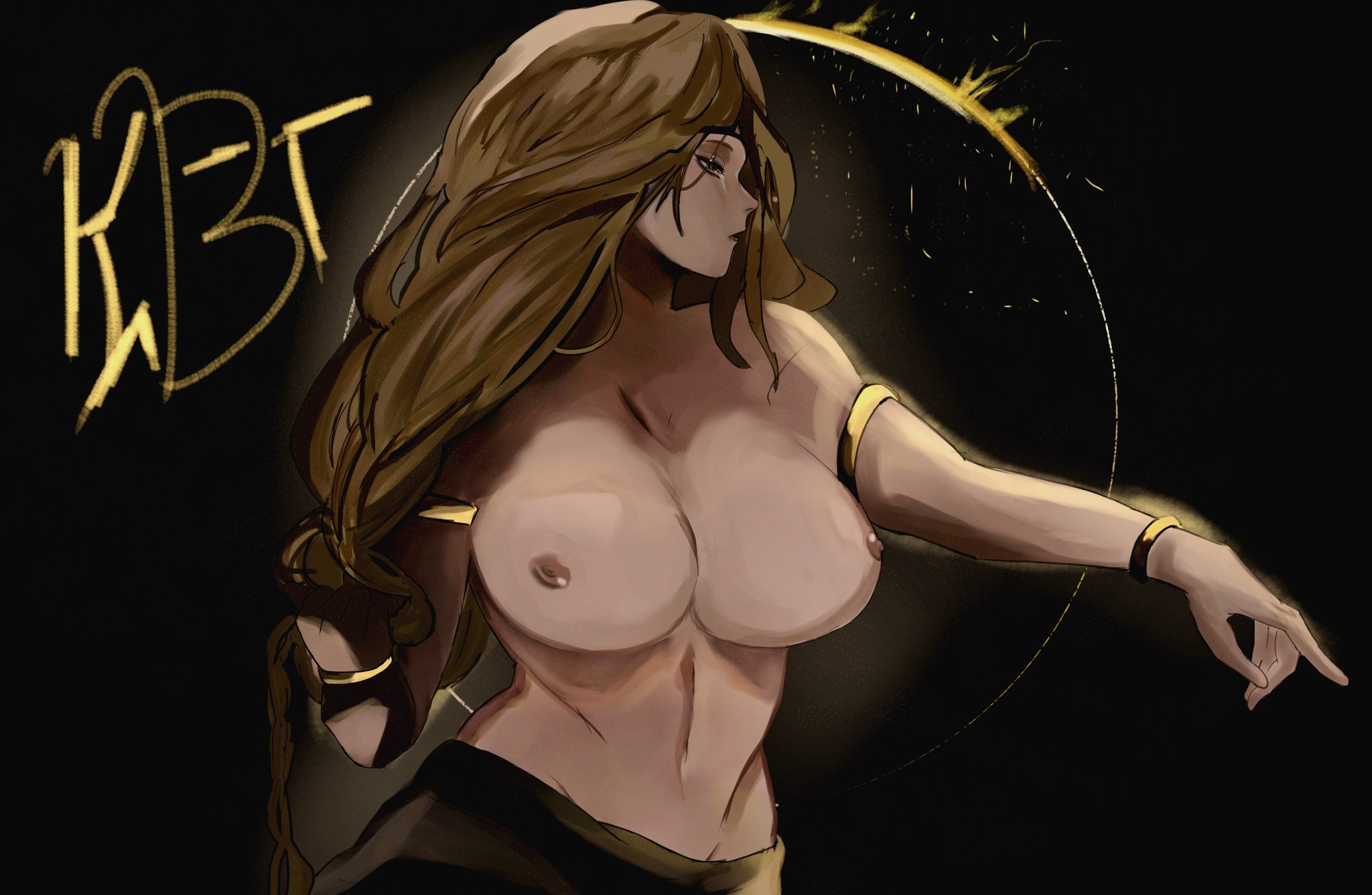 1girls, big breasts, blonde hair, braid, breasts, breasts out, circlet, elden ring, female, female only, fromsoftware, jewelry, kabotchan, milf, pointing, queen marika the eternal, side view, topless, topless female
