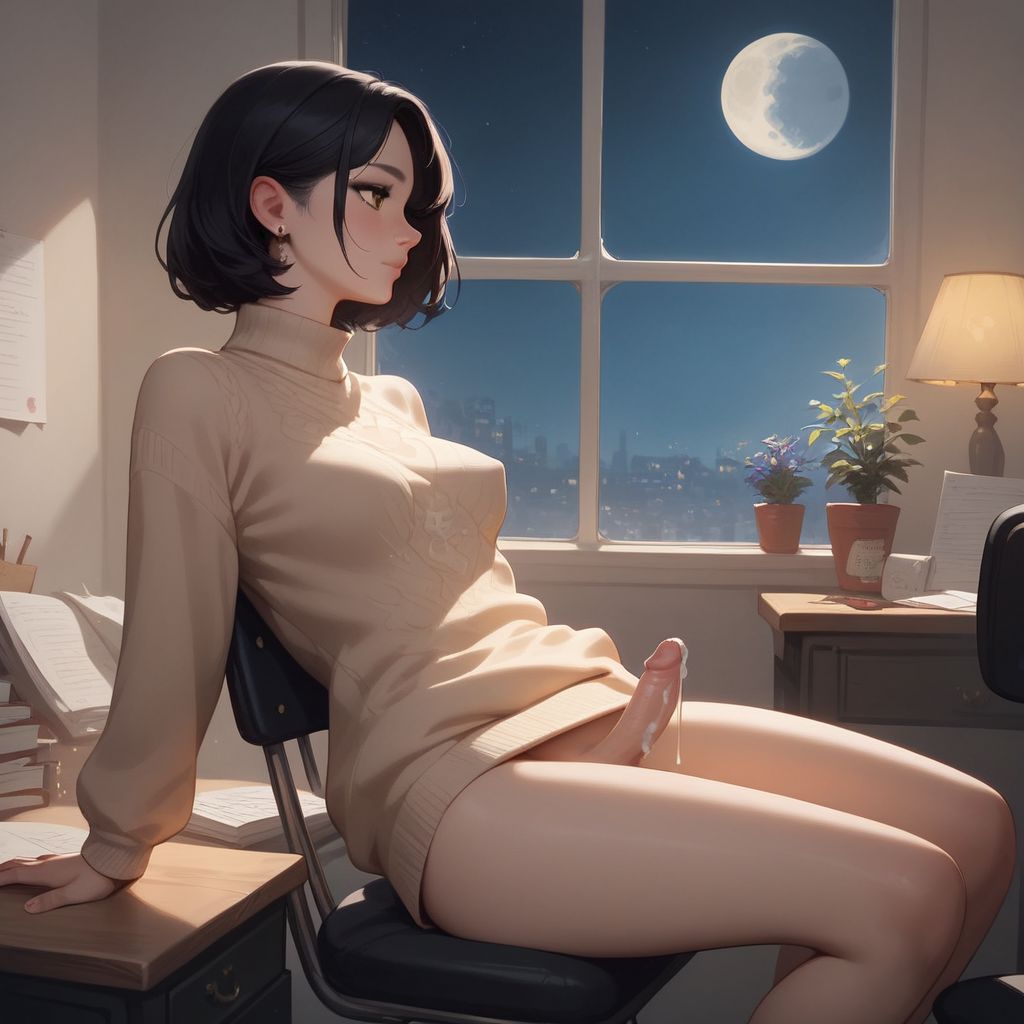 1futa, ai generated, book, bottomless, bottomless futa, chair, cum, cum dripping from penis, dark cultist, desk, dickgirl, erect penis, erection, futa only, futa sans pussy, futanari, indoors, intersex, leaning back, long sleeves, medium hair, moon, no panties, parted lips, penis, self upload, sitting, sitting on chair, solo, solo futa, sweater, thighs, window