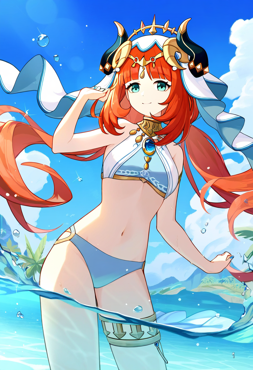 1girls ai_generated aqua_eyes artconnoisseur bangs beach bikini closed_mouth clothed cute female genshin_impact happy horns long_hair looking_at_viewer medium_breasts navel nilou_(genshin_impact) novelai orange_hair red_hair smiling solo standing stomach thighs tropical two_piece_swimsuit veil water