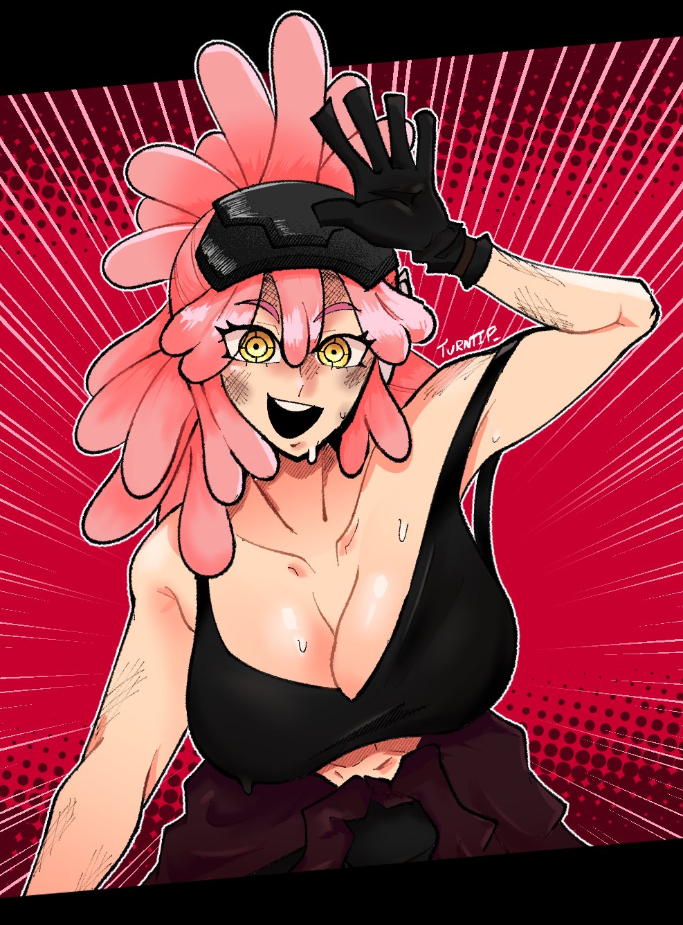 1girls aged_up breasts busty cleavage female female_focus gloves hatsume_mei large_breasts mei_hatsume my_hero_academia my_hero_academia_(finale) pink_hair post-timeskip solo sweat turntip yellow_eyes