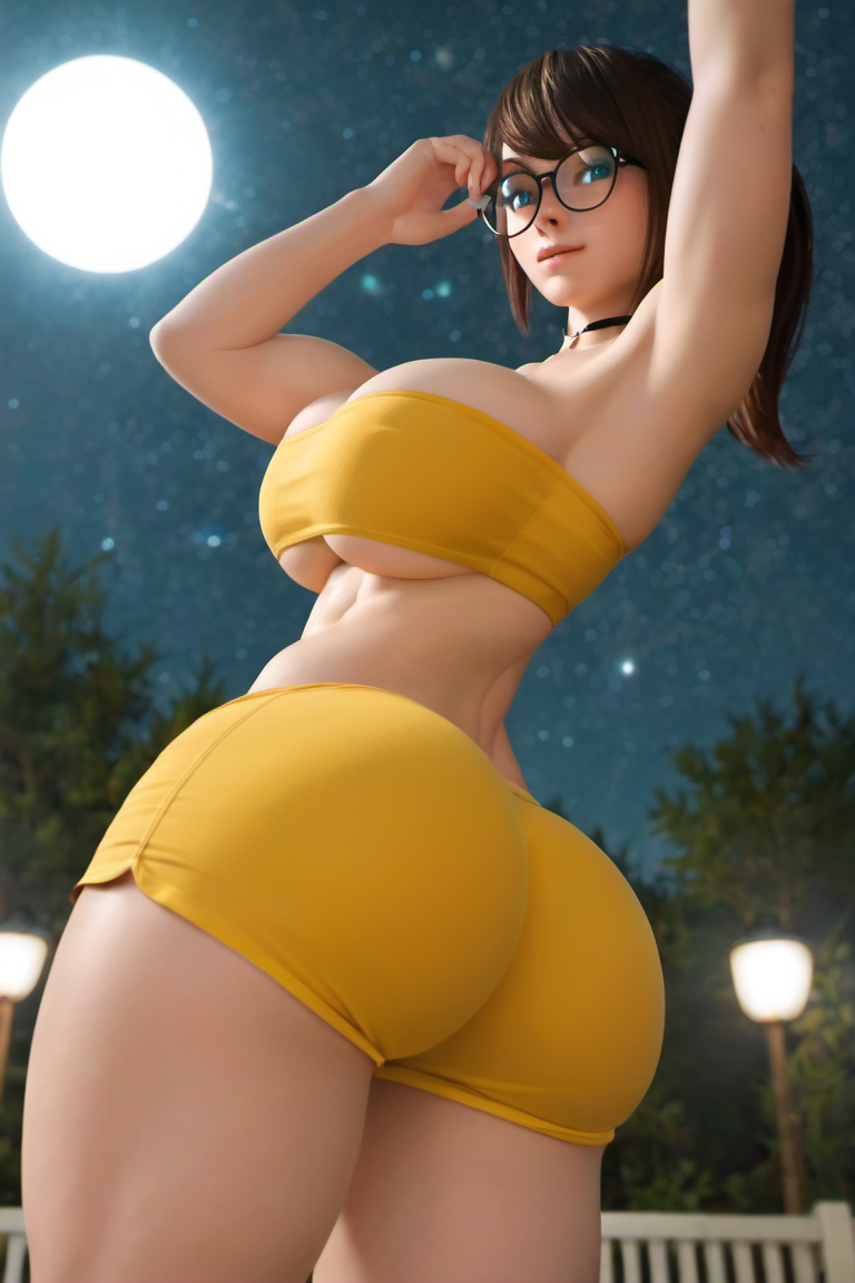 1girls 3d abs ai_generated armpits ass ass_focus big_breasts blue_eyes boobs_and_butt_pose choker egirl female glasses light-skinned_female light_skin madz(oc) muscular muscular_female night oc original_character outdoors ponytail radnsad short_shorts solo standing thick_thighs tubetop yellow_clothing