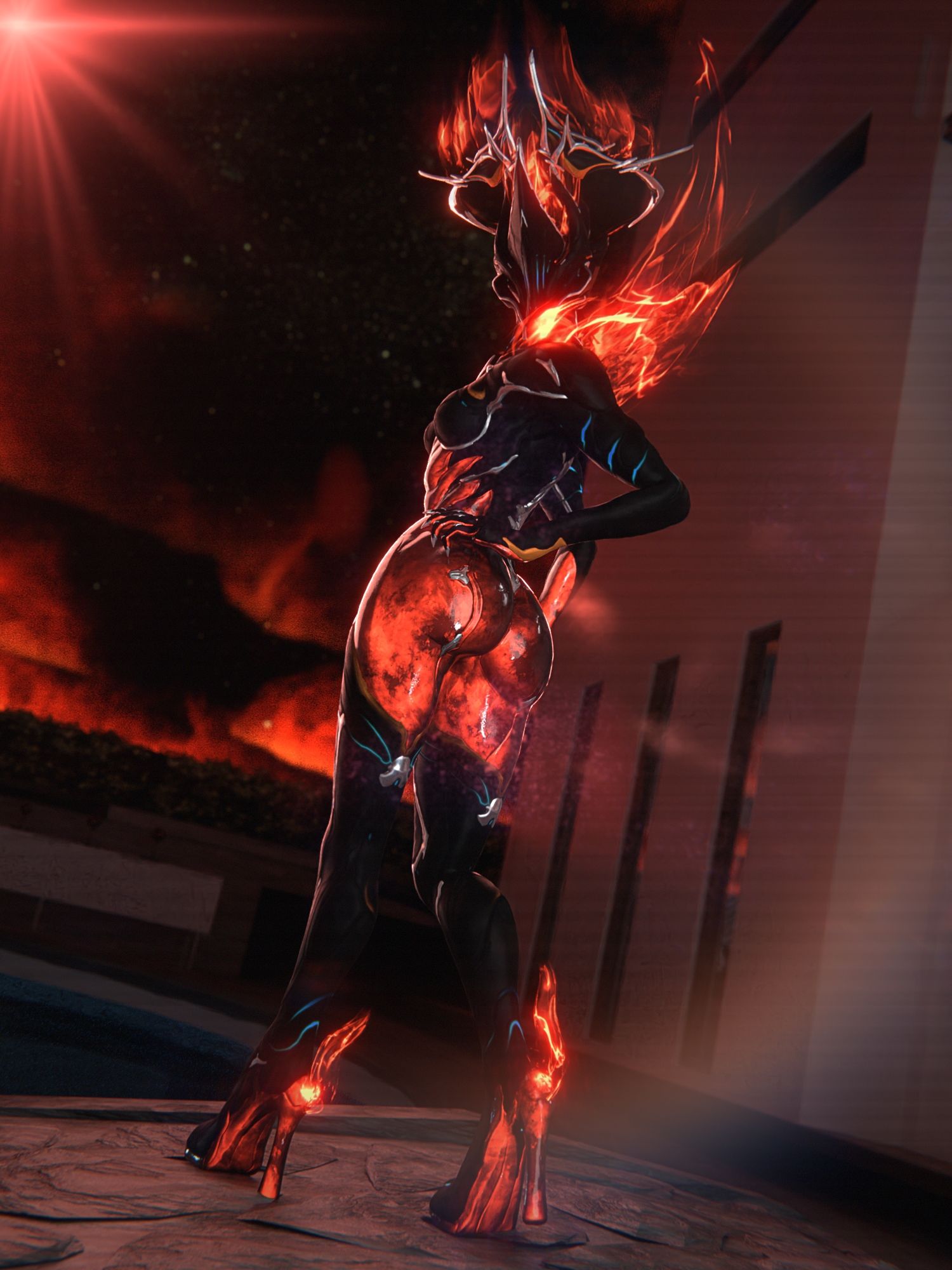 alternate version available, ass, big ass, breasts, ember (warframe), ember heirloom (warframe), female, high heels, looking at viewer, looking back, qzk forte, robot, tagme, thick thighs, warframe, wide hips