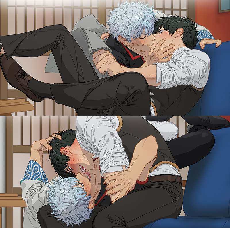 2boys arm_grab big_mogong black_hair blush commission eye_contact face_grab fully_clothed gay gintama gintoki_sakata hand_on_another's_face hand_on_another's_head head_grab hijikata_toshiro indoors kimono kissing looking_at_another making_out male male_only multiple_images open_mouth police_officer police_uniform shinsengumi_(gintama) sleeves_rolled_up surprised tongue_out uniform watermark white_hair yaoi