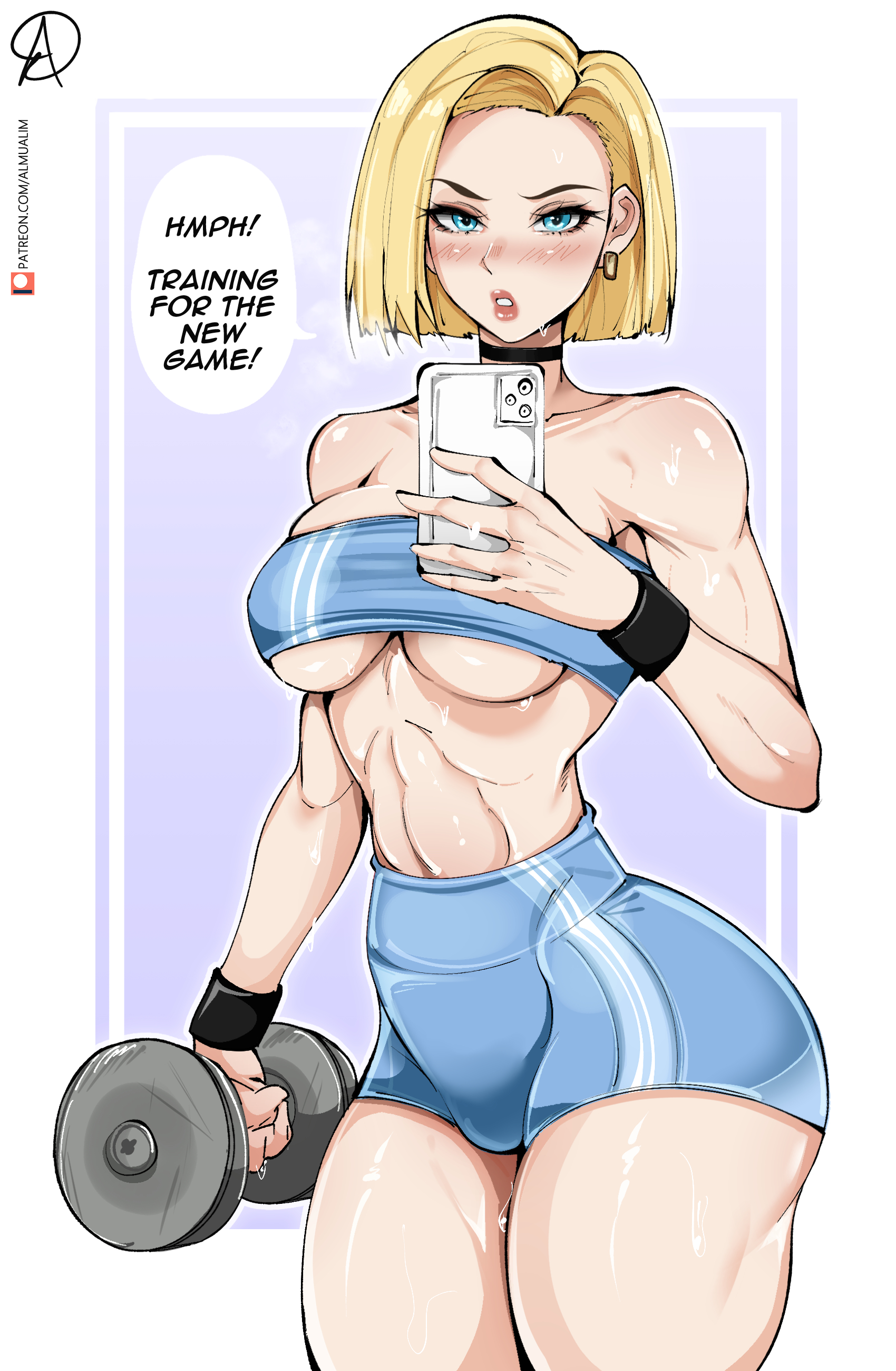 1girls, almualim, alternate version available, android 18, ass, blonde hair, blue eyes, booty shorts, breasts, dialogue, dragon ball, dragon ball z, english text, female, female only, hi res, hips, large ass, large breasts, light skin, light-skinned female, pale skin, pale-skinned female, short hair, short shorts, shorts, slim waist, solo, sportswear, sweat, sweaty body, text, thick thighs, thighs, wide hips, working out