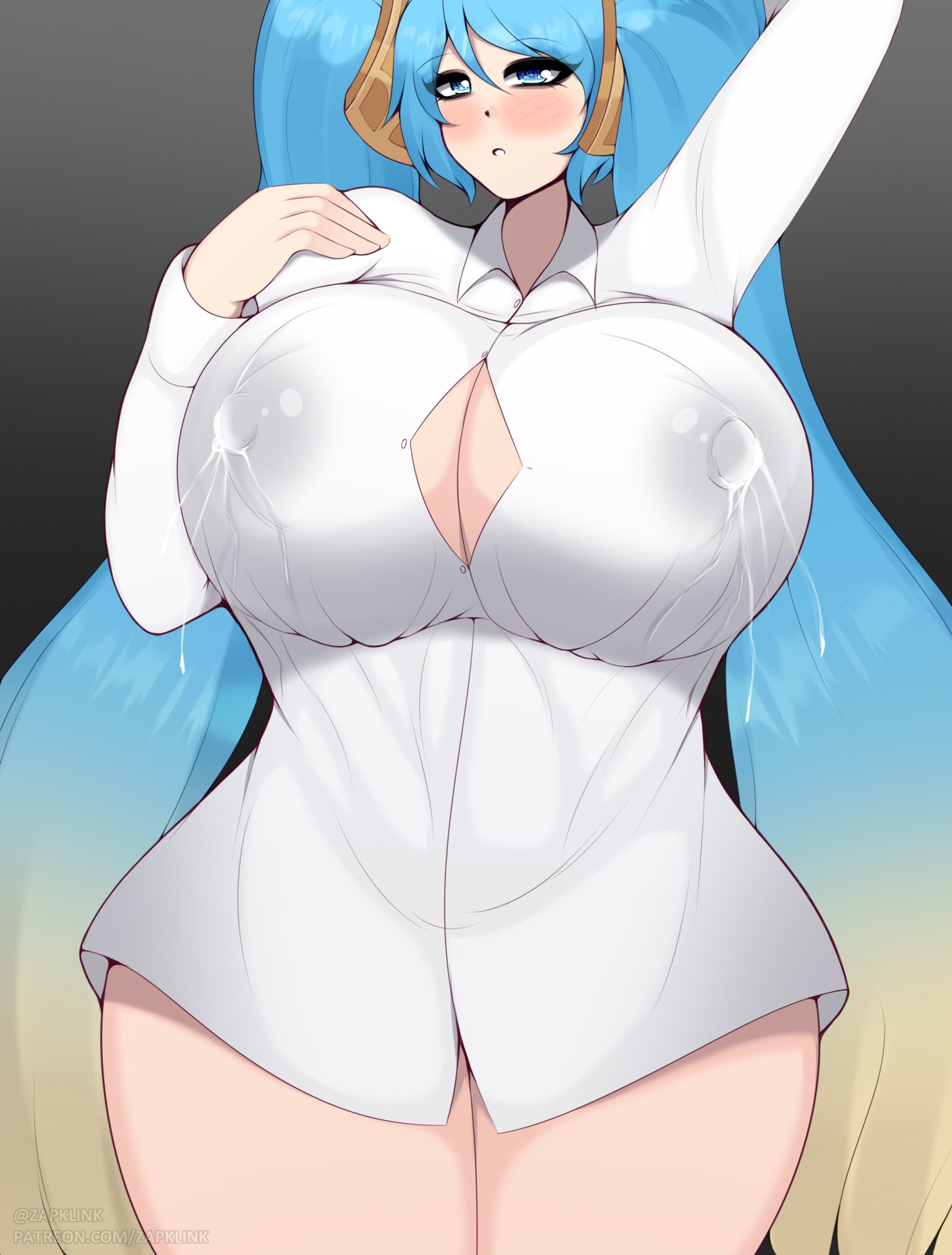 1girls, big breasts, blue eyes, blue hair, blush, breast focus, breasts, female, female only, hair, huge breasts, lactating, lactation, lactation through clothes, league of legends, milk, nipple bulge, nipples, nipples visible through clothing, paizuiri (artist), shirt, shirt only, solo, solo female, sona buvelle, thighs, topwear, twintails, white shirt