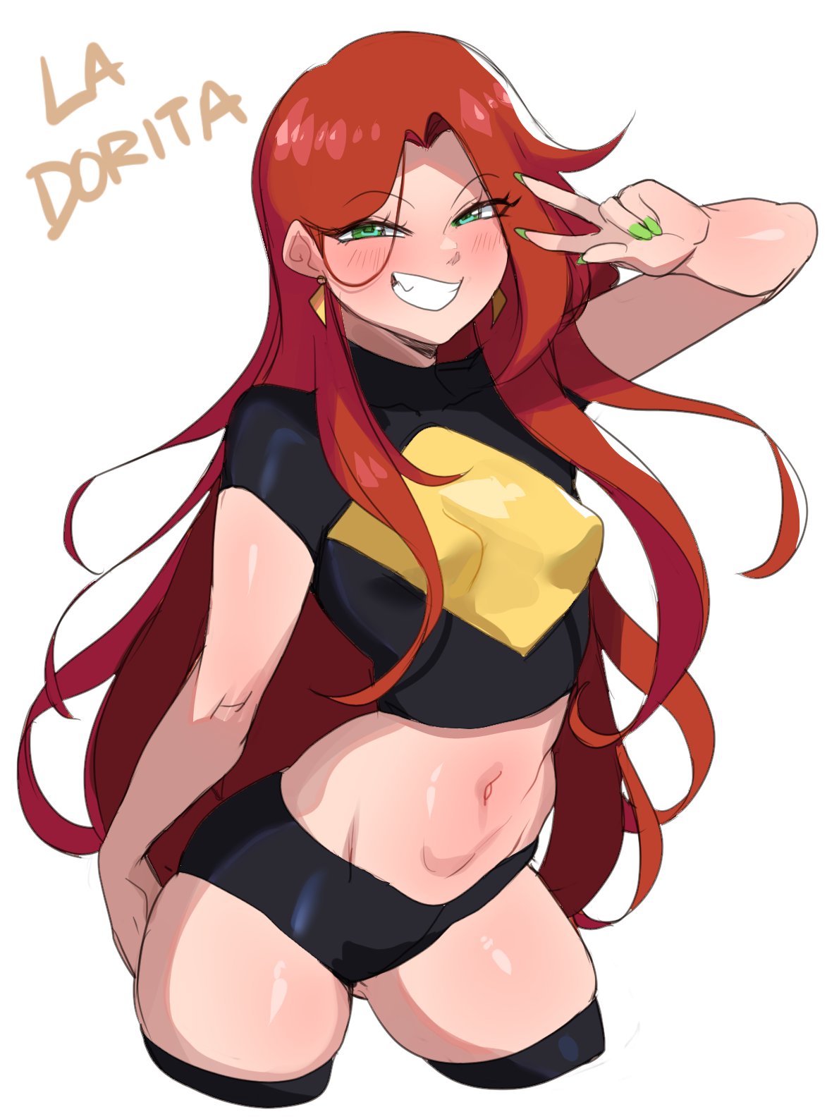 1girls, blush, commission, female, female only, green eyes, hi res, lightsource, long hair, looking at viewer, narrowed eyes, red hair, smiling, smiling at viewer, solo, teeth showing, v sign, white background