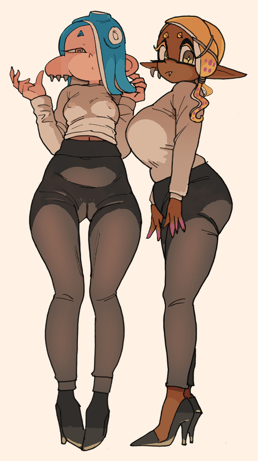 2girls, ass, asymmetrical hair, blue hair, breast size difference, breasts, chocolate and vanilla, clothed, dark skin, dark-skinned female, female, frye (splatoon), hair over one eye, heels, hi res, high heels, huge breasts, inkling, large ass, large breasts, light skin, light-skinned female, long legs, nintendo, octoling, shiver (splatoon), small breasts, splatoon, splatoon (series), splatoon 3, tentacle hair, thick thighs, tight clothing, yellow hair, yuta agc
