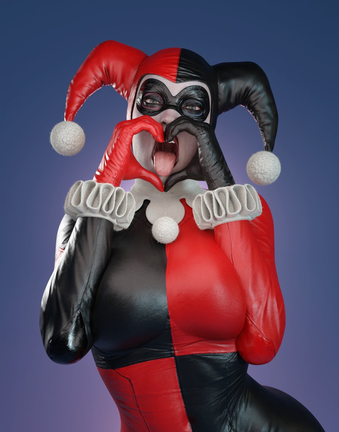 1girls, 3d, 3d (artwork), antiheroine, athletic, athletic female, batman (series), big breasts, blue background, breasts, busty, dc, dc comics, eyes, female, female focus, female only, fit, fit female, fully clothed, harley quinn, harley quinn (classic), harley quinn (injustice), hips, hourglass figure, injustice 2, legs, light skin, light-skinned female, lips, simple background, smitty34, solo, solo female, straight, thick, thighs, villain, villainess, voluptuous, watermark, wide hips
