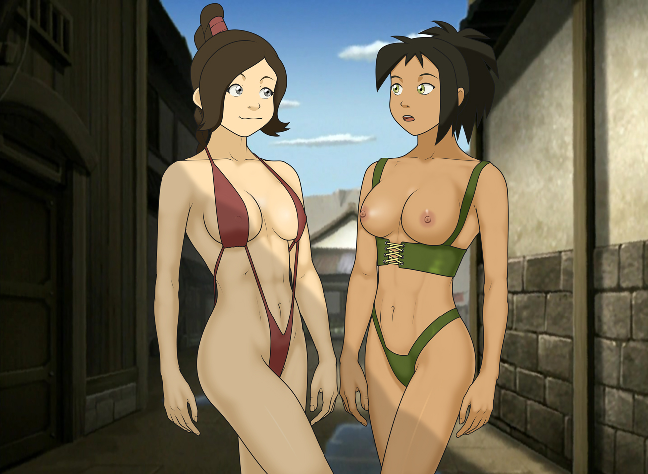 2girls, abs, anaxus, athletic, athletic female, avatar the last airbender, big breasts, breasts, female, female only, jin (avatar), multiple females, multiple girls, nipples, swimsuit, thong, thong bikini, ty lee