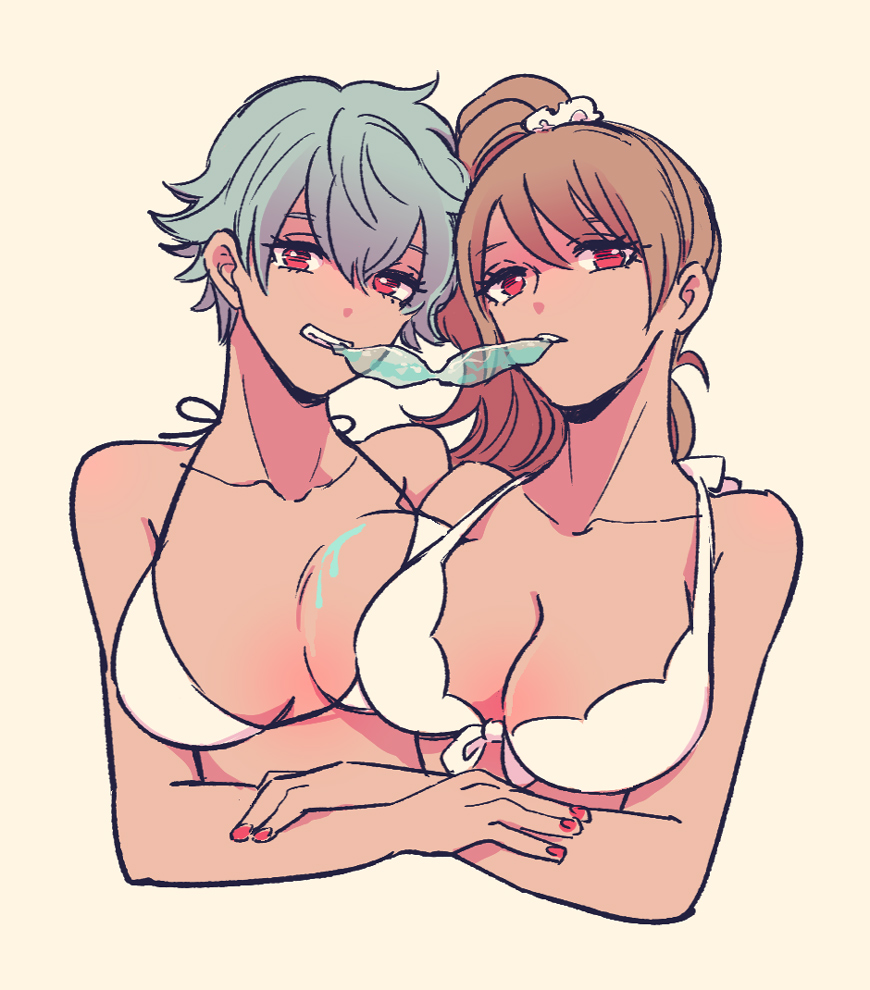 2girls 8cco alternate_costume big_breasts bikini blue_hair breast_press breast_squish brown_hair canon_genderswap cleavage clenched_teeth female female_only genderswap_(mtf) ginko_sakata gintama gintoki_sakata ice_pop light_blue_hair light_brown_hair long_hair looking_at_viewer okita_sougo okita_souko ponytail popsicle red_eyes rule_63 short_hair side_ponytail swimsuit upper_body very_short_hair white_bikini