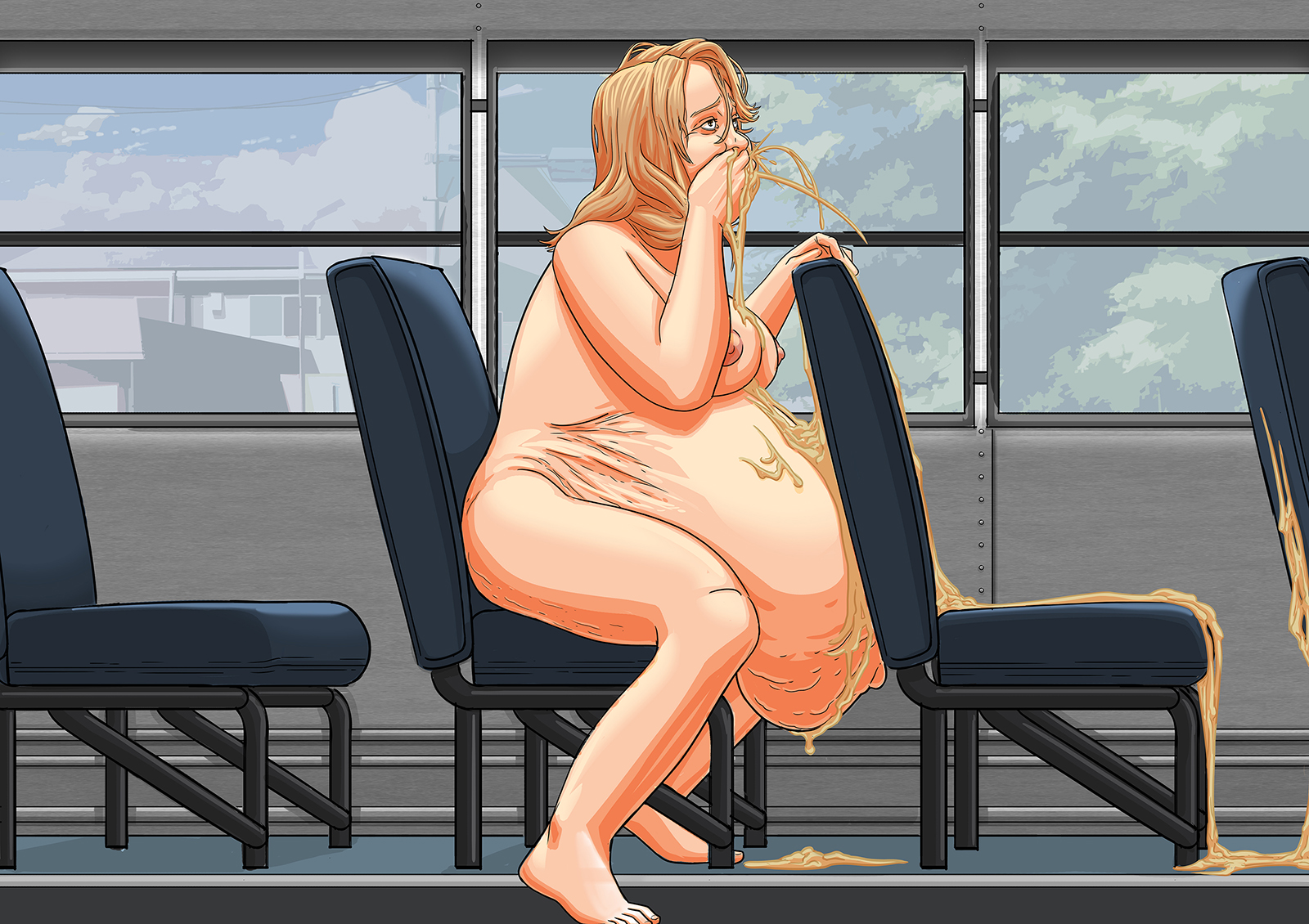 after sex, big belly, blonde female, blonde hair, bus, cellulite, cum, cum dump, cum on stomach, cum vomit, cumflation, e-ward, excessive cum, female, huge belly, huge stomach, naked, nude, nude in public, public nudity, public transportation, stomach inflation, vomiting cum