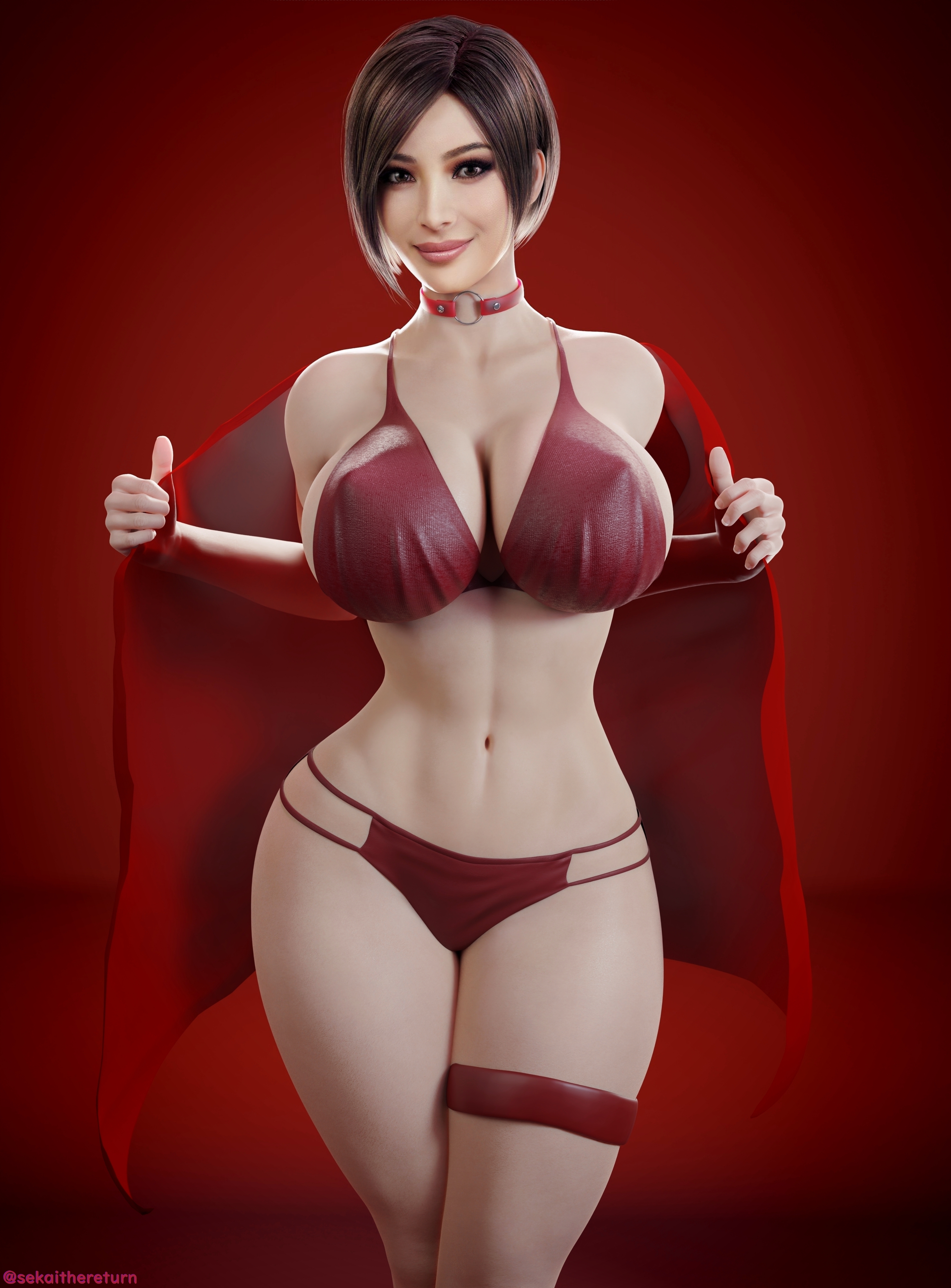 1girls, 3d, 3d (artwork), ada wong, ada wong (adriana), asian, asian female, ass, big ass, big breasts, bikini, breasts, capcom, choker, female, female focus, female only, light skin, light-skinned female, pale skin, pale-skinned female, pinup pose, resident evil, resident evil 2, resident evil 2 remake, robe, sekaithereturn, smile, solo, tagme, thick thighs, undressing, voluptuous, wide hips