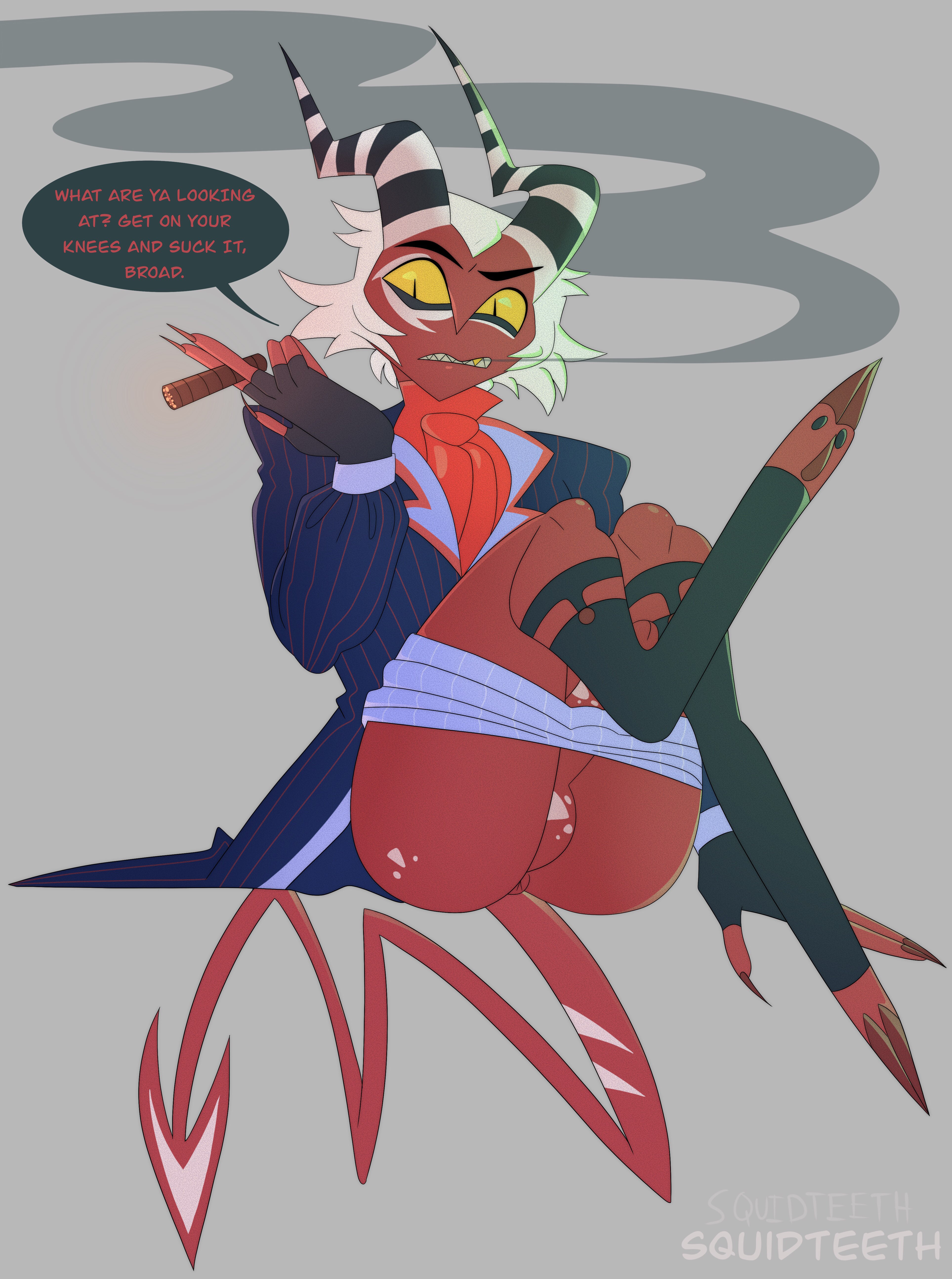 cigar, crimson (helluva boss), femboy, gay, gay anal, helluva boss, homosexual, homosexual male, horns, imp, male, male focus, male only, male penetrated, male/male, red skin, smoking, solo, squ1dteeth