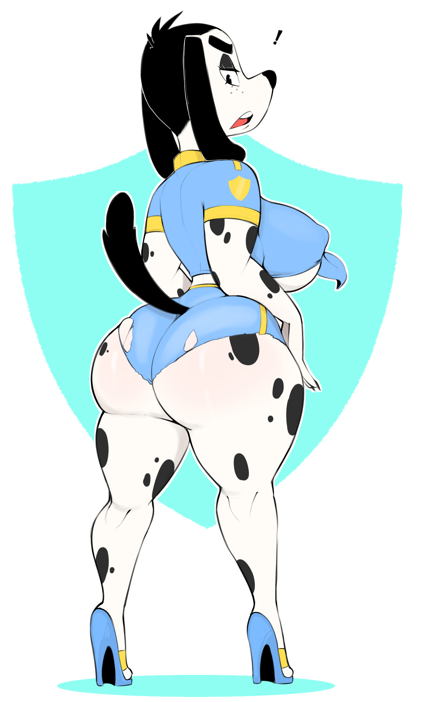 1girls, 2023, ass, big ass, big breasts, big butt, black hair, breasts, character request, dalmatian, dog ears, dog tail, eyebrows, eyelashes, eyeliner, eyeshadow, fat ass, female, female focus, female only, freckles, fur, hi res, high heels, large breasts, large penis, looking at viewer, looking back, male, nipple bulge, original, original character, penis, ripped clothing, ripped shorts, short hair, shorts, solo, solo female, solo focus, spots, spotted fur, tail, thick thighs, thighs, usnarbit, white fur, wide hips