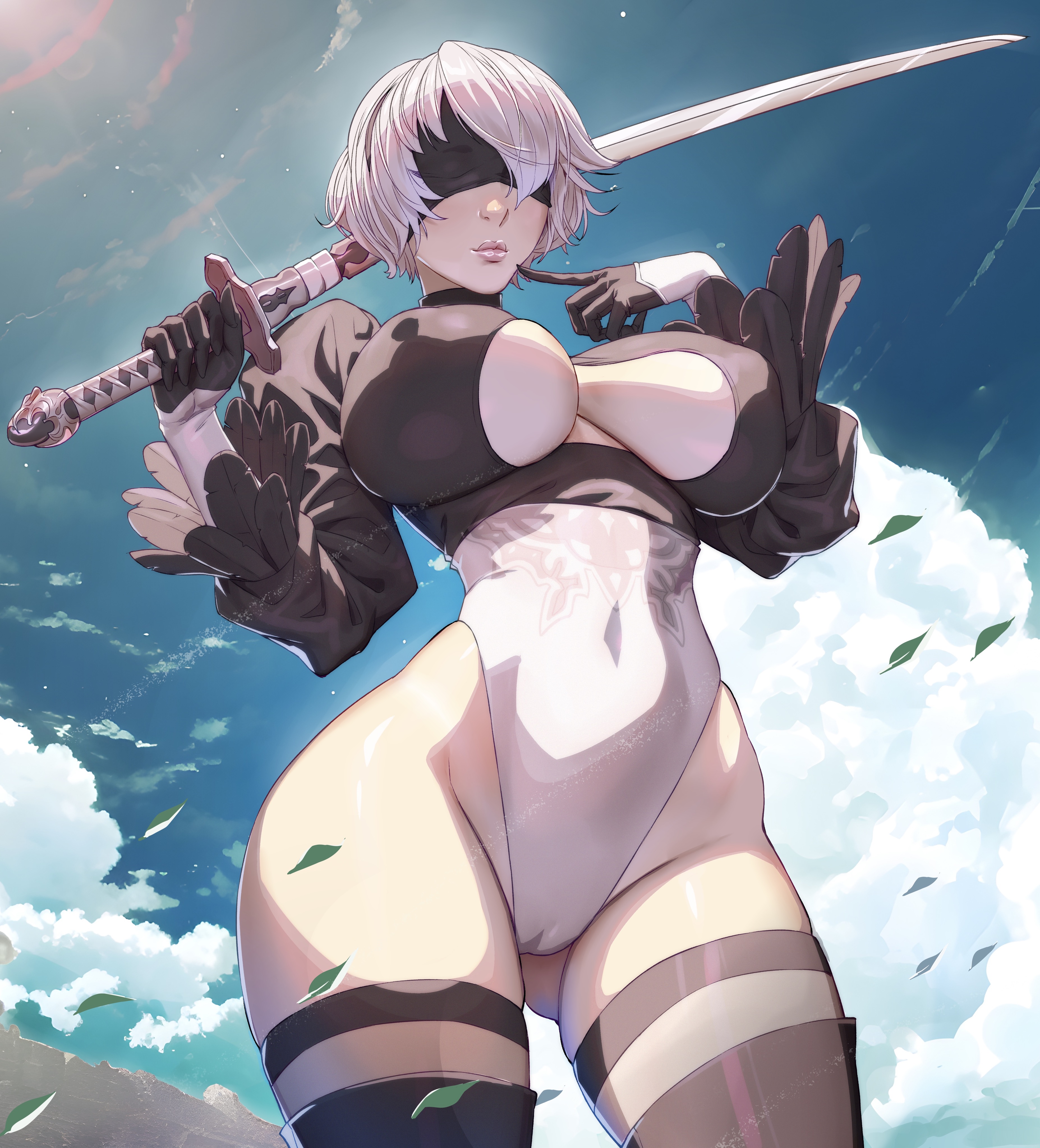 arttoru, big breasts, blindfold, breasts, female, hourglass figure, large breasts, nier (series), nier: automata, yorha 2b