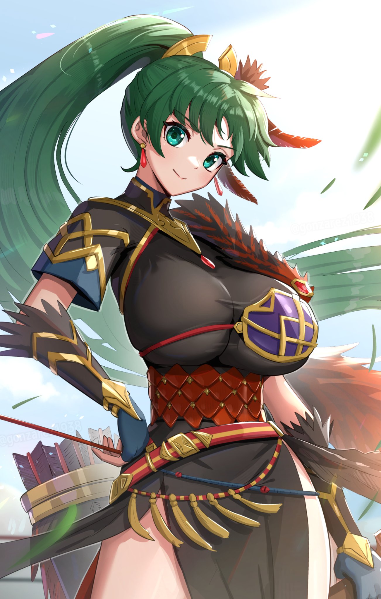 1girls alternate_costume clothing earrings feathers female female_only fingerless_gloves fire_emblem fire_emblem:_the_blazing_blade fire_emblem_heroes gonzarez green_eyes green_hair hair_ornament huge_breasts long_hair looking_at_viewer lyn_(fire_emblem) nintendo official_alternate_costume piercing ponytail smile solo