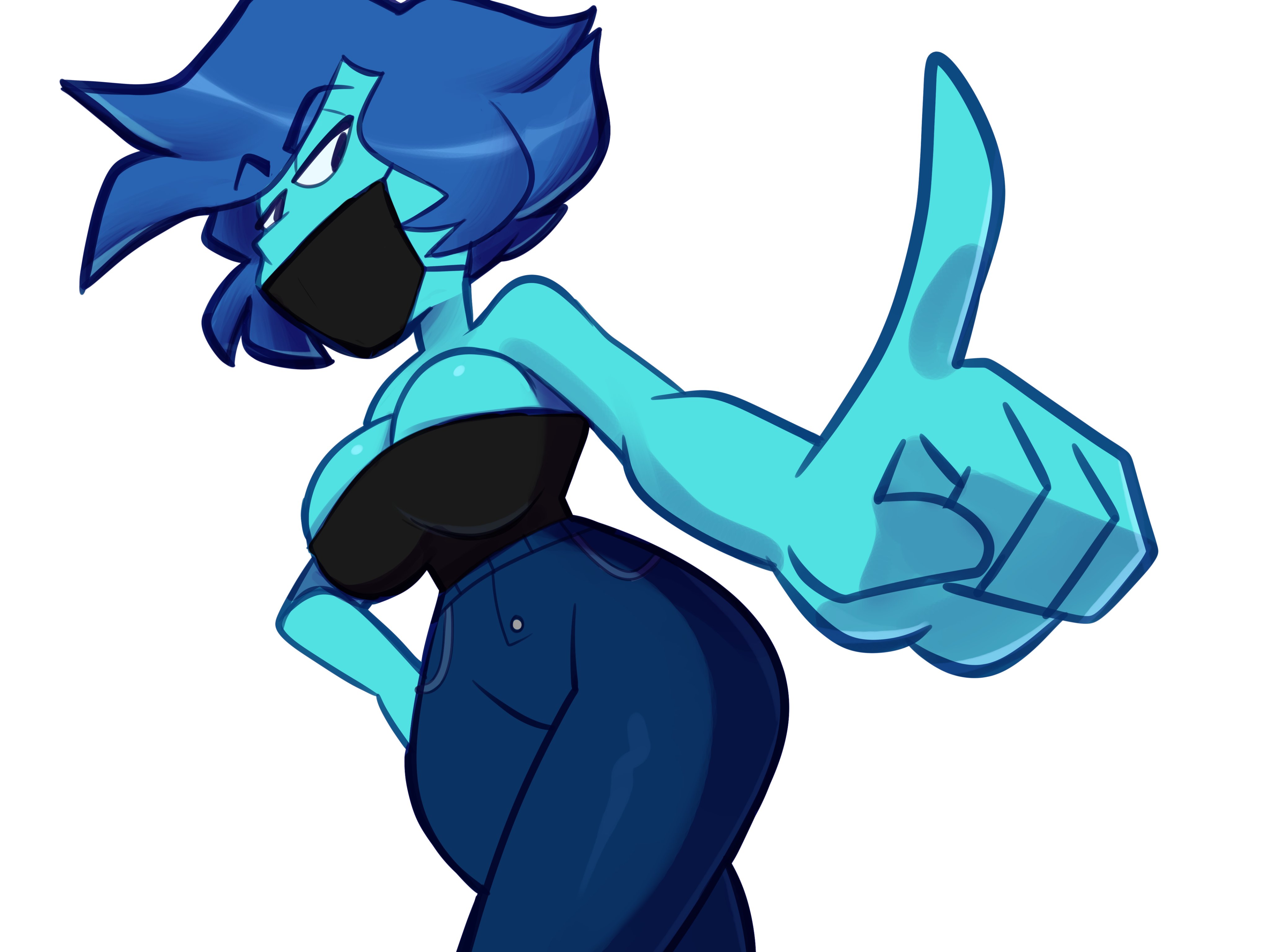 2d, blue body, blue eyes, blue hair, blue jeans, blue skin, blue-skinned female, breasts, bursting breasts, cleavage, clothed, clothing, female, hand on waist, huge breasts, lapis lazuli (steven universe), large breasts, monamania, short hair, solo, steven universe, thick legs, thick thighs, tight clothing, tight jeans, wide hips