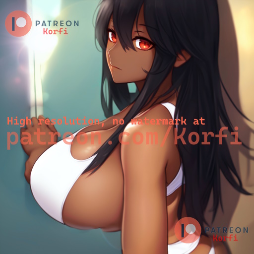 ai_generated breasts dark-skinned_female female glowing_eyes huge_breasts korfi_(artist) looking_at_viewer realistic realistic_shading red_eyes white_bikini