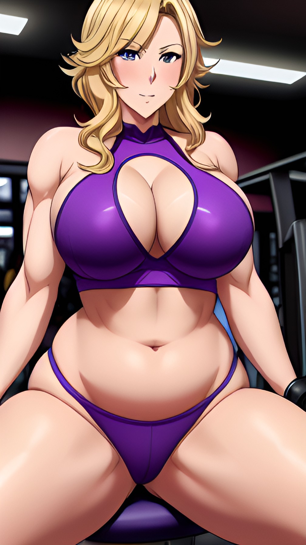 ai generated, big boobs, blonde hair, boobs, breasts, cleavage, deep cleavage, female, glynda goodwitch, gym, huge breasts, long hair, looking at viewer, purple bra, purple thong, rwby, sideboob, sports bra, spread legs, stable diffusion, thong, voluptuous, wrong eye color