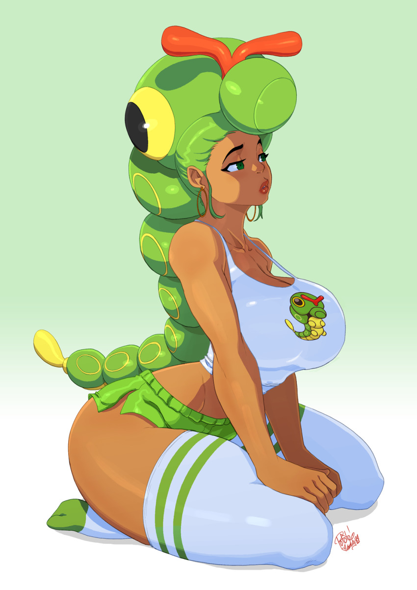 2d breasts caterpie cleavage female female_focus female_only gradient_background green_background humanoid large_breasts long_eyelashes nintendo pokémon_(species) pokemon pokemorph thick_thighs tovio_rogers