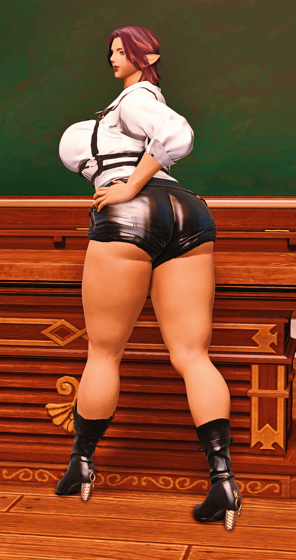 classroom elezen elf_female final_fantasy final_fantasy_xiv gpose(ffxiv) oc pinup_girl pinup_pose straight_hair teacher teacher_outfit thick_ass thick_thighs