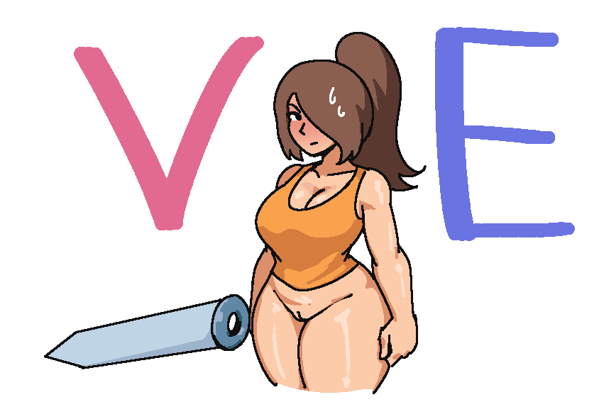 angry_face blush bottomless orange_top royalmilk20 solo_female sword thick_thighs vagina vernal vernal_edge wide_hips