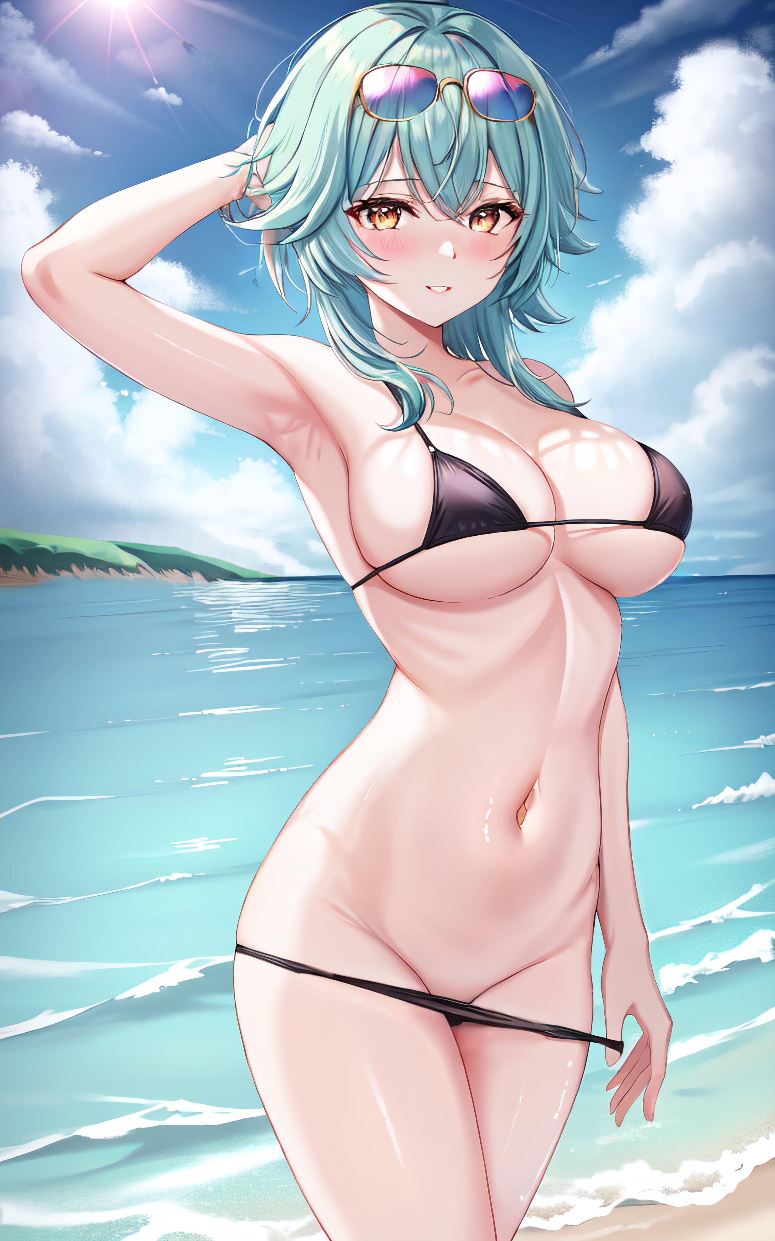 1girls, ai generated, armpit, beach, big breasts, bikini, black bikini, black swimsuit, blue hair, blush, breasts, eula (genshin impact), female, female only, genshin impact, hand behind head, micro bikini, nai diffusion, navel, smile, solo, solo female, stable diffusion, sunglasses, sunglasses on head, swimsuit, thick thighs, thighs, 丹梨