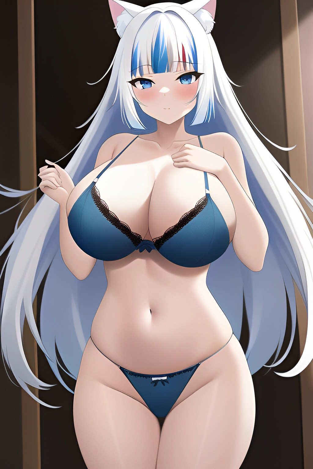 ai generated, bed, bedroom, big breasts, blue eyes, blue lingerie, blush, breasts, cat ears, female, gawr gura, hololive, hololive english, hololive myth, lingerie, long hair, thighs, virtual youtuber, white hair