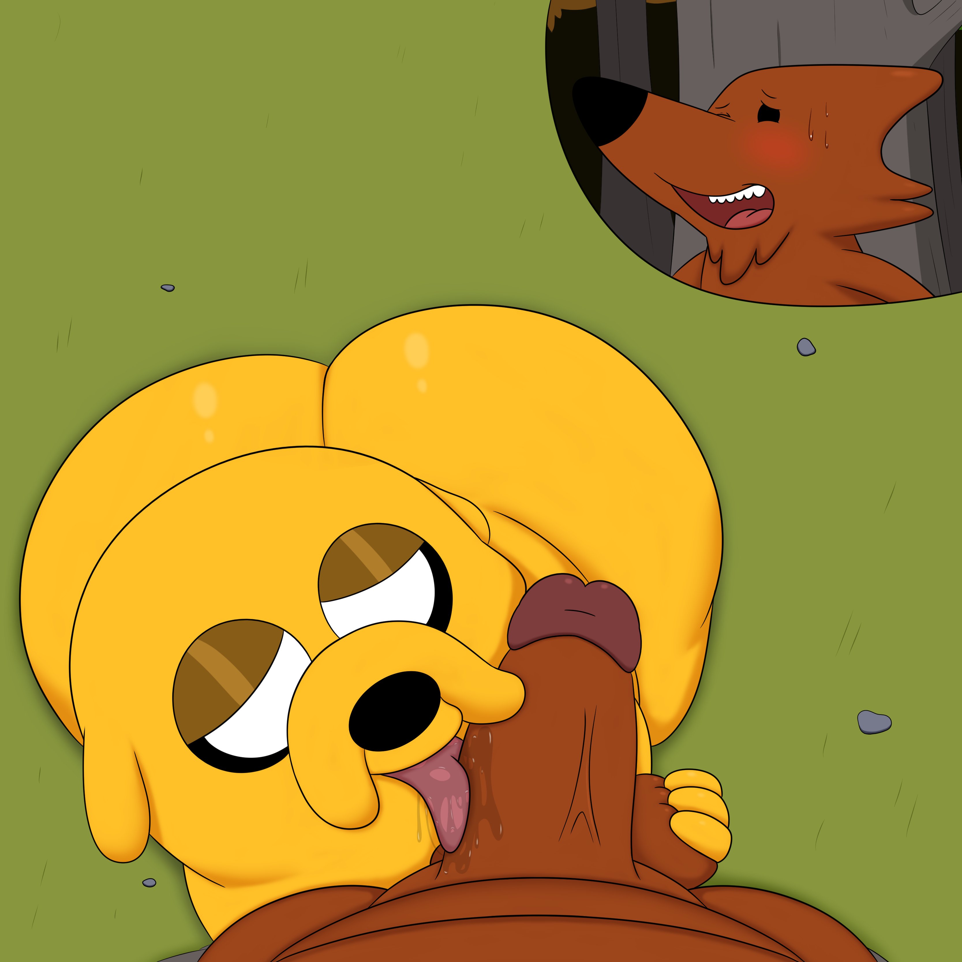 2023, 2boys, absurd res, adventure time, anthro, anthro on anthro, ass, balls, balls fondling, bedroom eyes, big ass, big balls, big butt, big penis, blush, bodily fluids, bubble ass, bubble butt, canid, canine, canis, cartoon network, colossalstars, cutaway, domestic dog, duo, erection, first person view, fondling, fox, fur, gay, genitals, grass, hi res, high-angle view, huge ass, huge butt, humanoid genitalia, humanoid penis, jake the dog, kneeling, licking, looking at viewer, looking pleasured, male, male/male, mammal, mr. fox (adventure time), narrowed eyes, nude, open mouth, open smile, oral, penile, penis, penis lick, plant, rock, saliva, saliva on penis, saliva on tongue, seductive, sex, smile, solo focus, standing, sweat, teeth, thick penis, tongue, tongue out, tree, tuft, vein