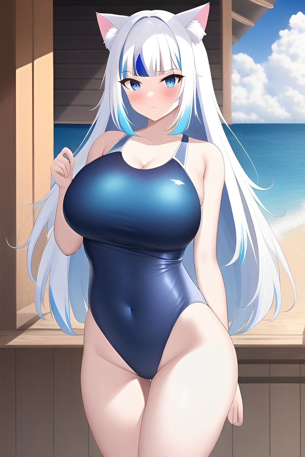 ai generated, beach, big breasts, blue eyes, breasts, cat ears, female, gawr gura, hololive, hololive english, hololive myth, long hair, looking at viewer, school swimsuit, thighs, virtual youtuber, white hair