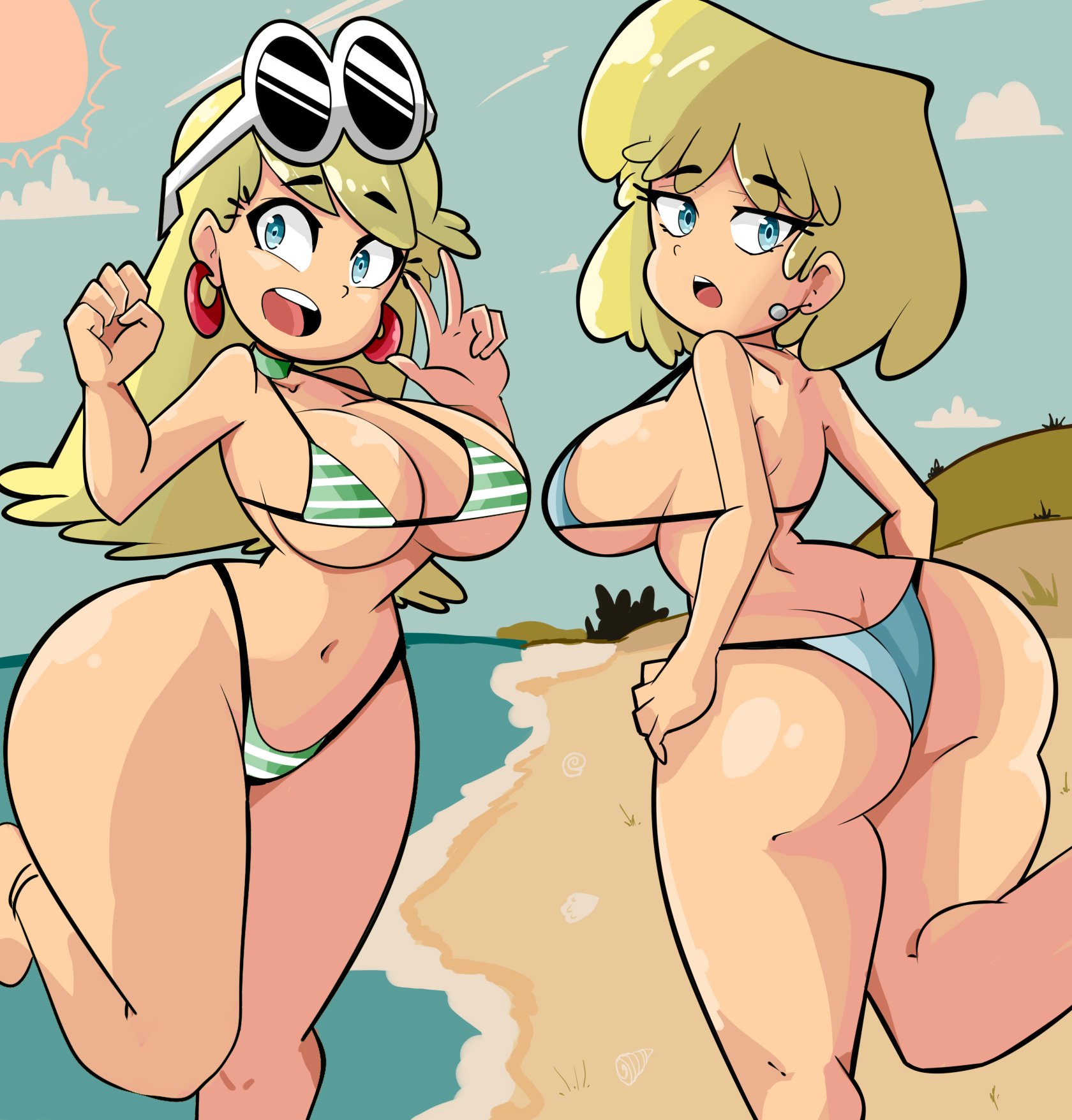 2girls, back, beach, big breasts, bikini, breasts, female, kemono killer, leni loud, light skin, light-skinned female, lori loud, multiple females, multiple girls, nickelodeon, rear view, siblings, sisters, the loud house, young, younger female
