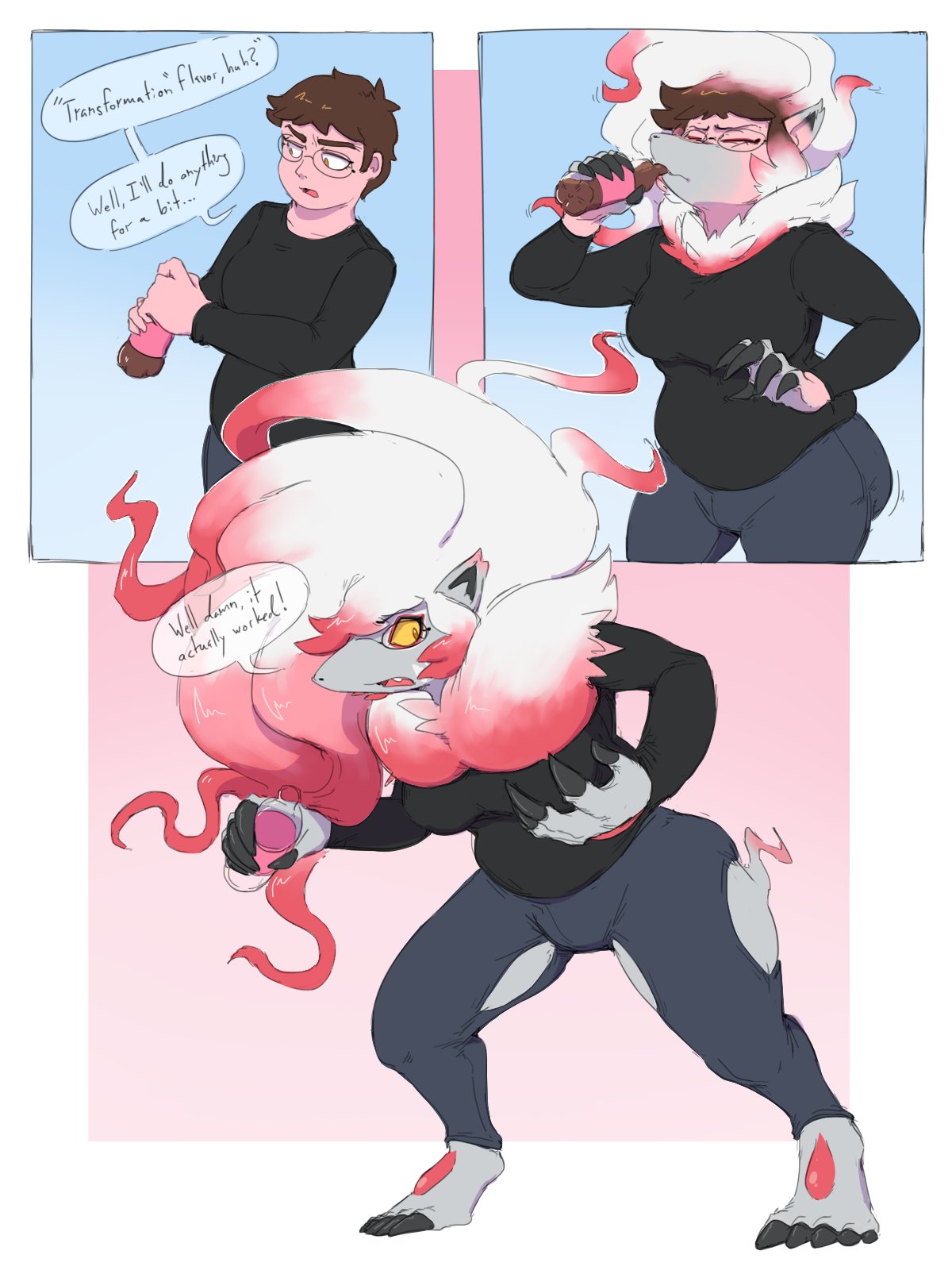 big_breasts breasts comic digitigrade drinking female fully_clothed furry glasses hisuian_zoroark pokémon_(species) pokemon pokemon_(species) ripped_clothing sequence soda_bottle subakitsu transformation transformation_potion zoroark