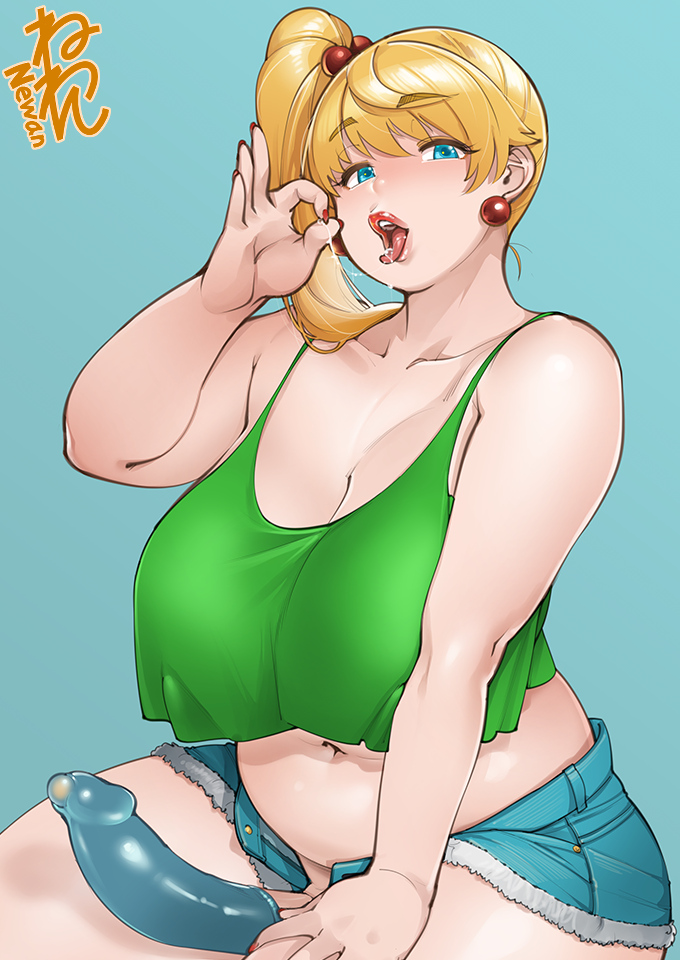 1futa big_breasts big_penis blonde_hair blue_eyes breasts chubby chubby_futanari clothed clothing condom crop_top denim_shorts erection eva_(neone-x) fellatio_gesture futa_only futanari human large_breasts light-skinned_futanari light_skin mostly_clothed neone-x penis ponytail precum red_fingernails saliva short_hair short_shorts shorts solo tongue_out unbuttoned_shorts