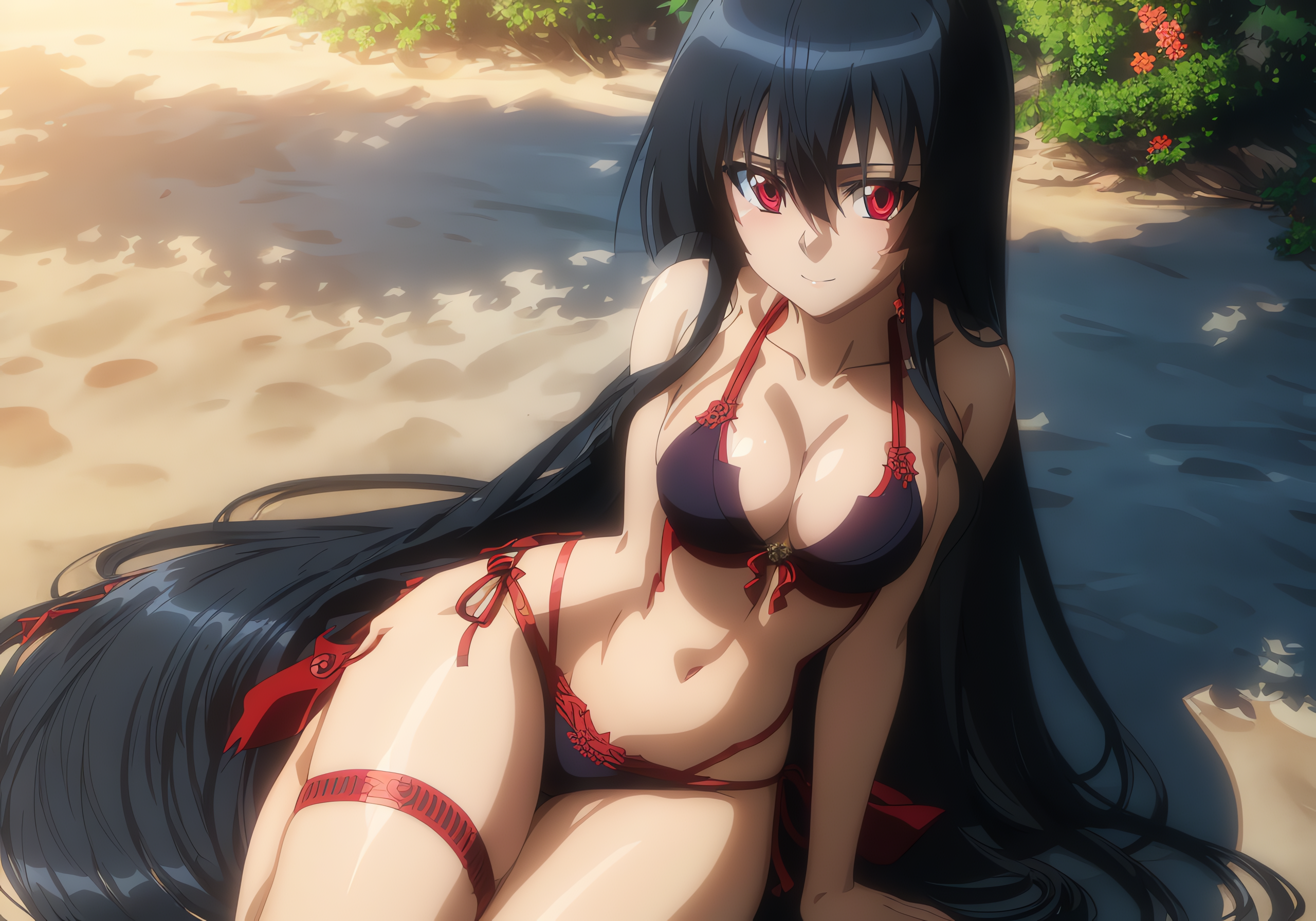 1girls, ai generated, akame (akame ga kill!), akame ga kill!, alluring, beach, big breasts, bikini, black hair, breasts, cleavage, female, joker (artist), long hair, red eyes