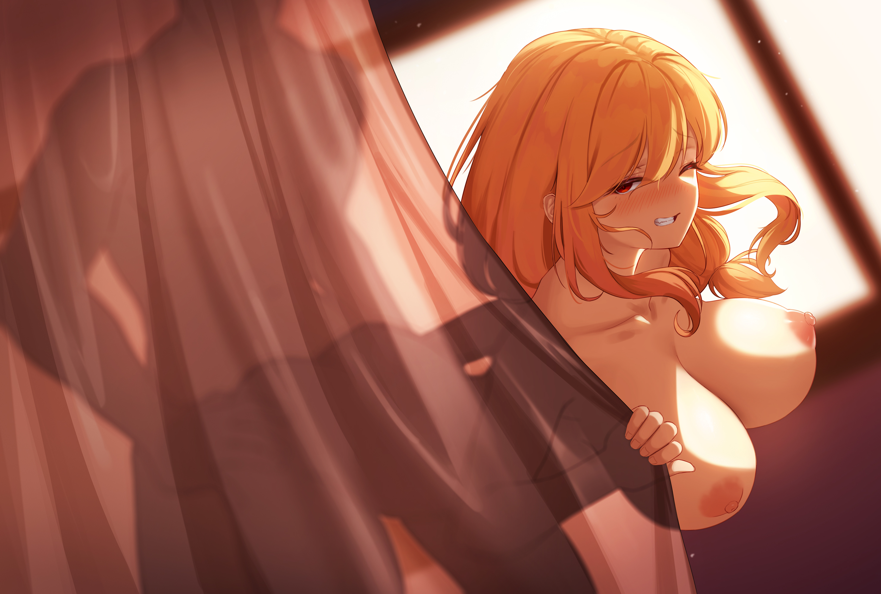 arm pull, artist request, ass, ass clapping, behind curtain, big ass, big breasts, blush, bouncing breasts, breasts, character request, cheating, clenched teeth, cuck, cuckold, cuckold pov, curtains, doggy style, female, flustered, grabbing hips, looking at viewer, netorare, ntr, one eye closed, original, rough sex, silhouette, silhouette sex, smiling, smiling at viewer, stealth sex