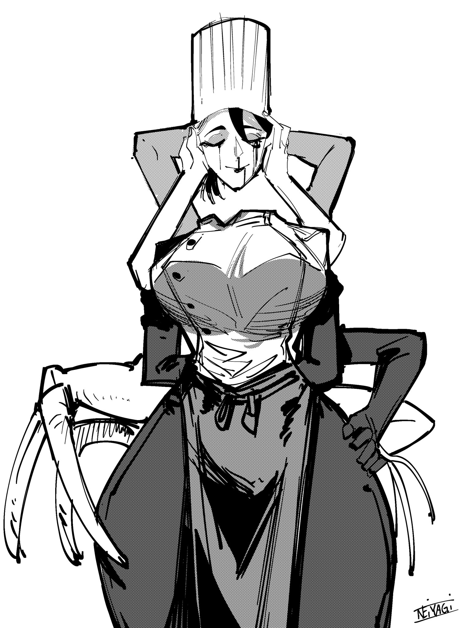 1girls, black and white, black hair, breasts, chainsaw man, chef hat, chef uniform, clothed, falling devil (chainsaw man), female, female only, large breasts, monochrome, monster, monster girl, multi arm, multi limb, neitheyagi, wide hips