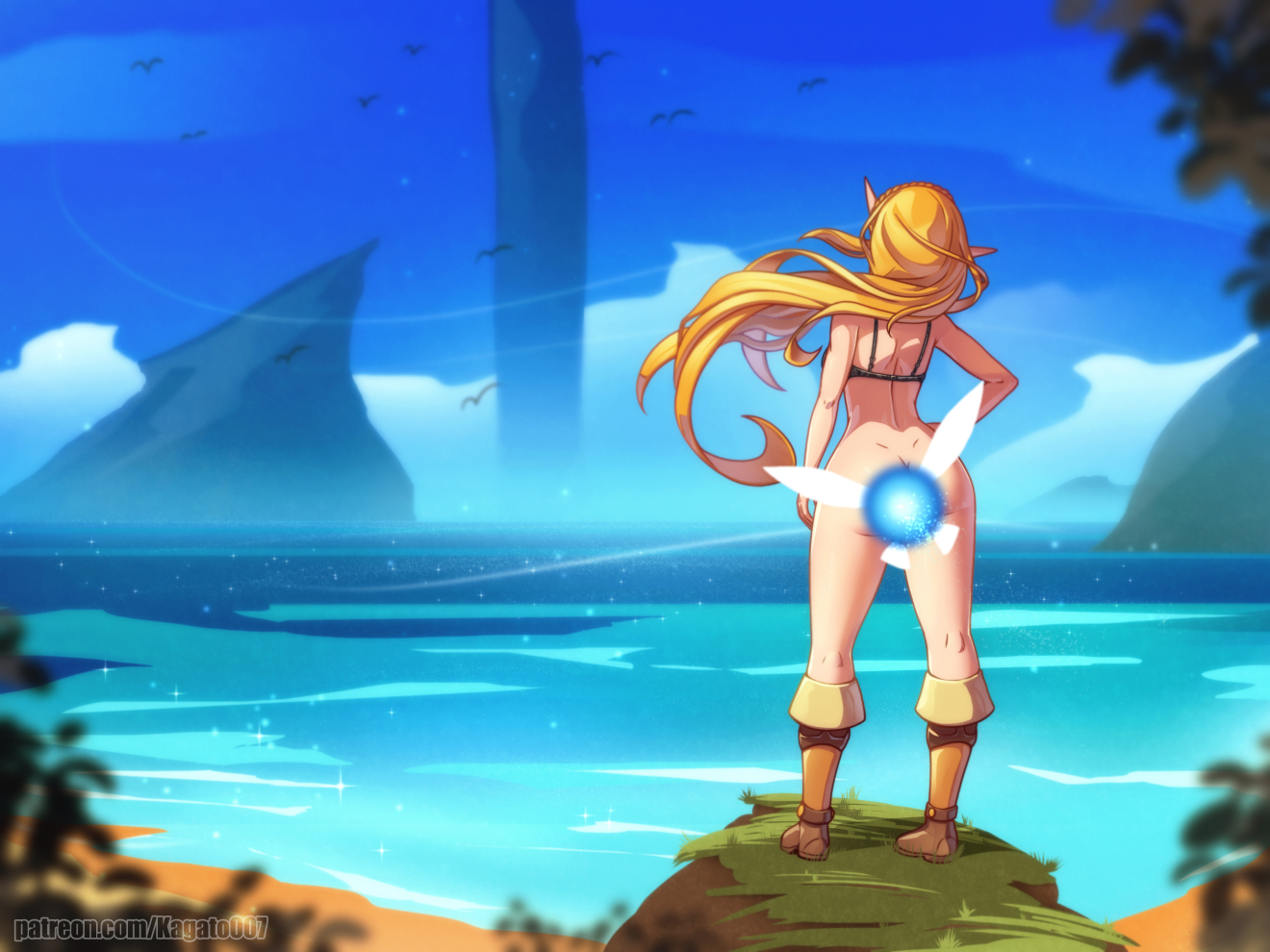 1girls, ass, blonde hair, bottomless, breath of the wild, casual, clothing, convenient censoring, female, full body, hand on hip, humanoid, hylian, kagato007, navi, outdoors, pale skin, princess zelda, the legend of zelda, zelda (breath of the wild)