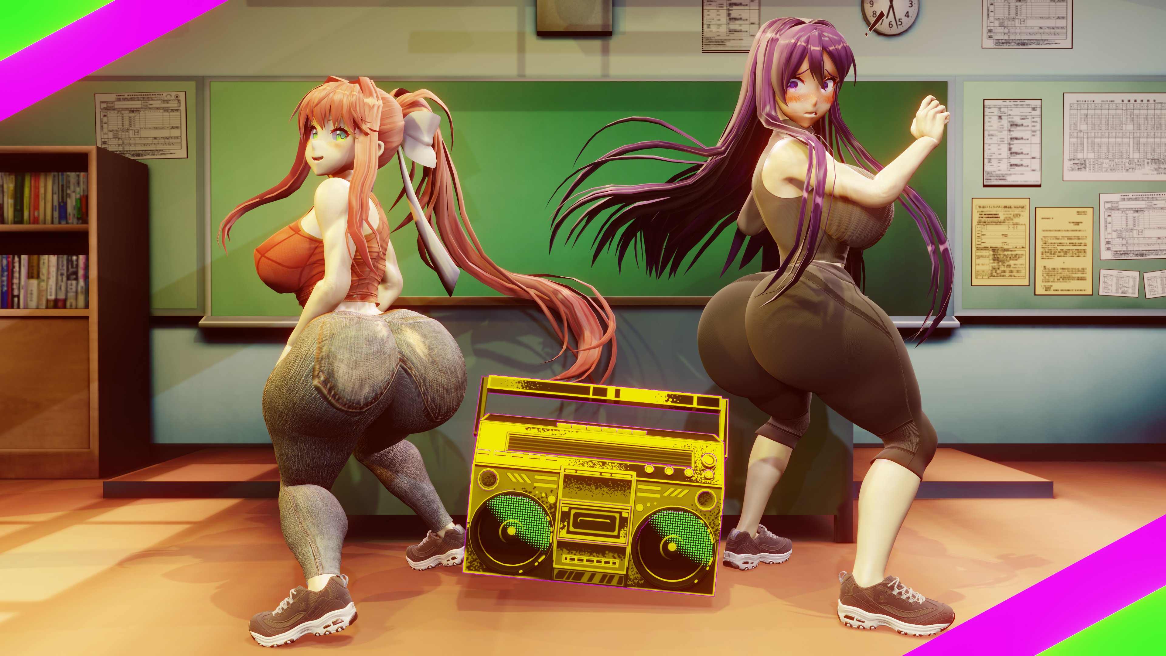 2girls, 3d, 3d (artwork), ass, ass expansion, big breasts, body control, breasts, bubble ass, bubble butt, clothed, doki doki literature club, female, female only, full body, gold boombox (prevence), huge ass, huge breasts, jeans, kiro93591529, large ass, long hair, monika (doki doki literature club), thick thighs, twerk hypnosis, twerking, yuri (doki doki literature club)