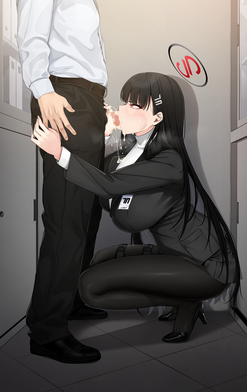 1boy 1girls armed big_breasts black_hair black_high_heels black_pantyhose black_shoes black_skirt black_suit blowjob blue_archive censored cheek_bulge cum cum_in_mouth cum_on_chest cum_on_chin cum_on_clothes cum_on_clothing cum_swallowing cumdrip deepthroat fellatio female formal hair_ornament hairclip halo high_heels high_school_student highres id_card jjanda kneeling_oral_position leg_holster light-skinned_female light-skinned_male light_skin long_hair millennium_science_school_student miniskirt mosaic_censoring oral pantyhose pistol pleated_skirt red_eyes rio_(blue_archive) rio_tsukatsuki_(blue_archive) seminar_(blue_archive) seminar_president skirt squatting straight student student_council_president suit suit_jacket swallowing_cum sweater teen teen_girl teenage_girl teenager tsukatsuki_rio turtleneck turtleneck_sweater very_long_hair white_sweater white_turtleneck