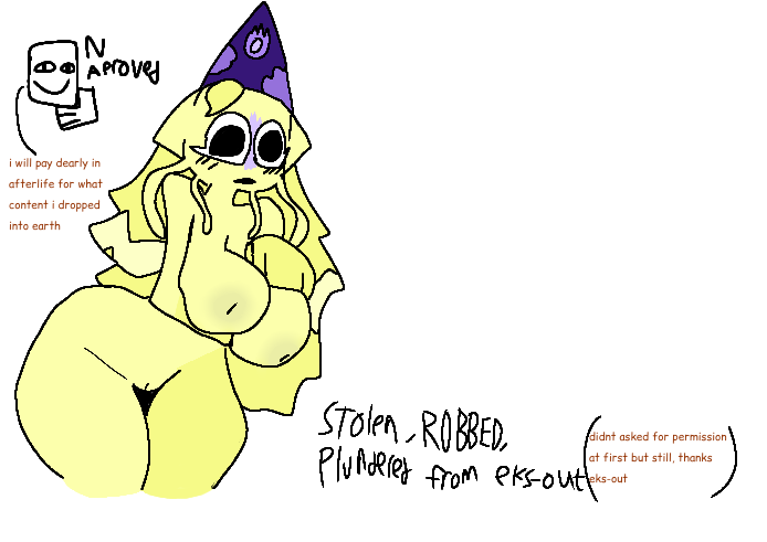 1girls blush boobs breasts crying_with_eyes_open female female_only first_porn_of_character hat holding_breasts humanoid mondo_squid party_hat pilgrammed roblox roblox_game sad squid stolen tagme tentacle thick_thighs traced_art yellow_body