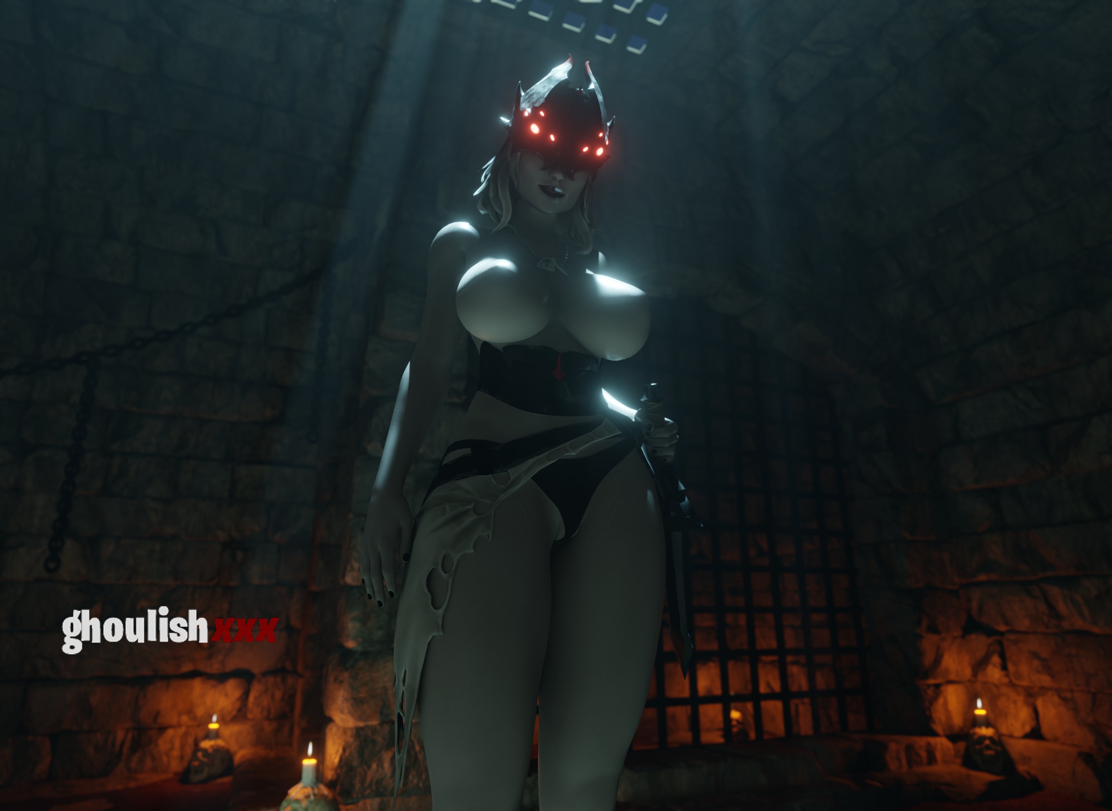 1girls, 3d, arachne (fortnite), areolae, big breasts, black panties, black thong, blender, bottomwear, breasts, breasts out, cameltoe, clothed, clothing, detailed background, female, female focus, female only, fortnite, ghoulishxxx, grey body, grey skin, headwear, long hair, looking at viewer, necklace, nipples, panties, presenting, presenting breasts, pussy, pussy lips, pussy peek, solo, solo female, solo focus, standing, thong panties, topless, underwear, vagina, visor, watermark