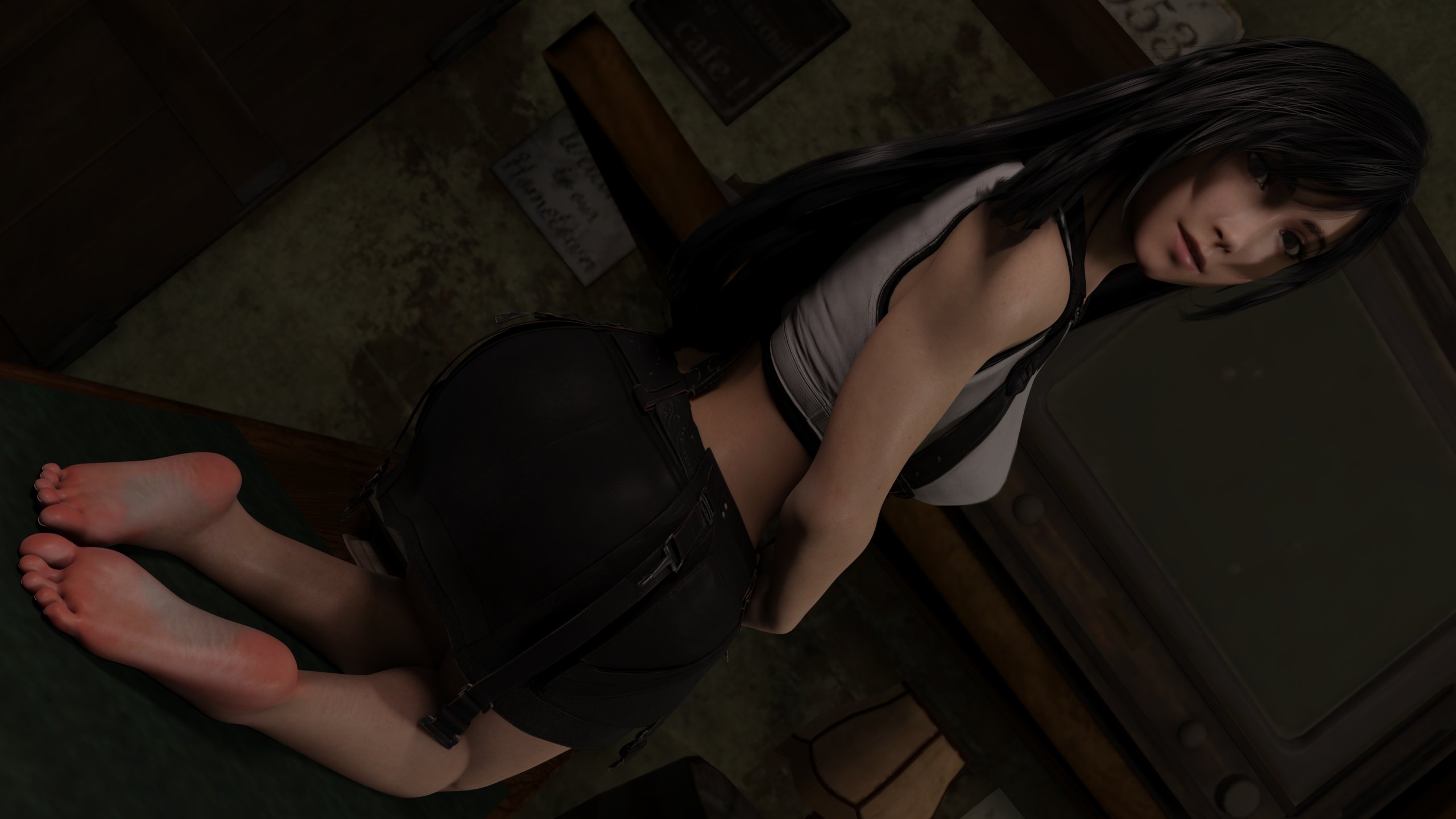 3d, barefoot, black hair, feet, female, final fantasy, final fantasy vii, final fantasy vii remake, foot fetish, foot focus, looking at viewer, ryona-ashi, soles, tagme, tifa lockhart, toes